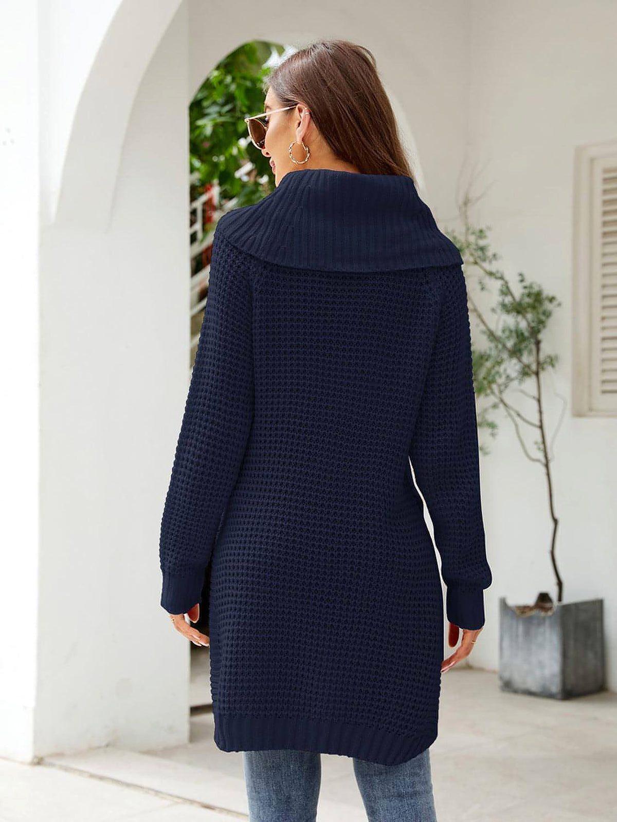 Turtleneck Waffle-Knit Slit Sweater Dress - enhanced image 7