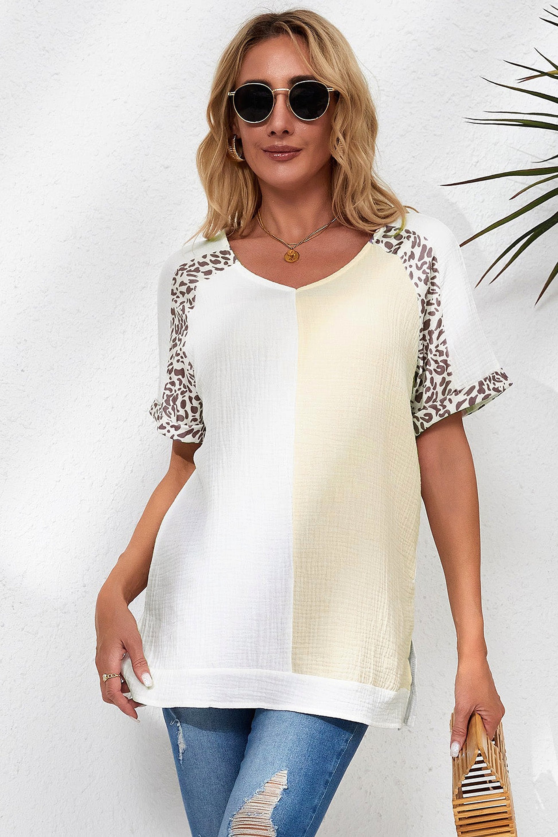 White Distressed Color Patchwork Leopard Trim Blouse - enhanced image 7