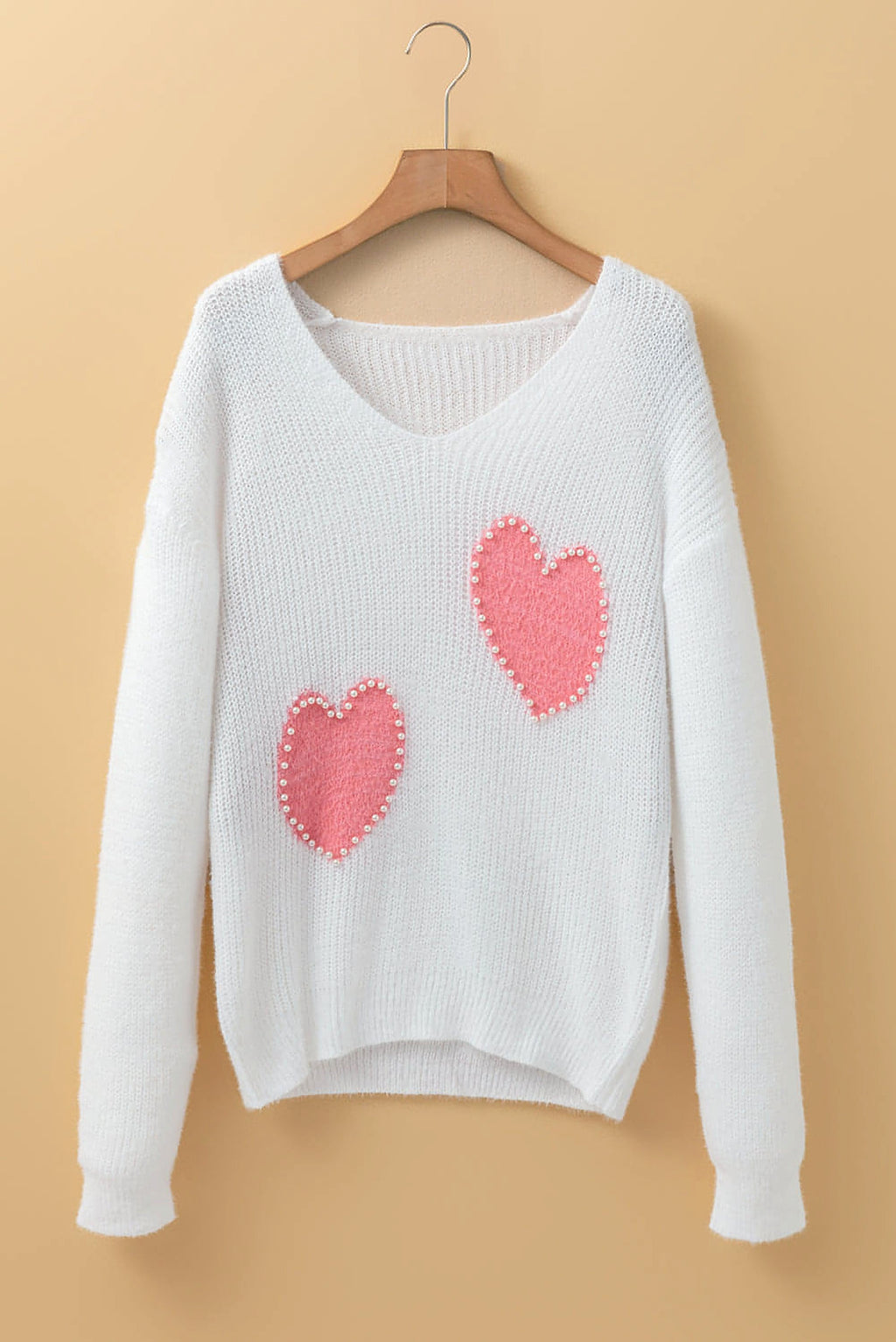 White Pearl Beaded Heart Pattern Fuzzy V Neck Sweater - enhanced image 7