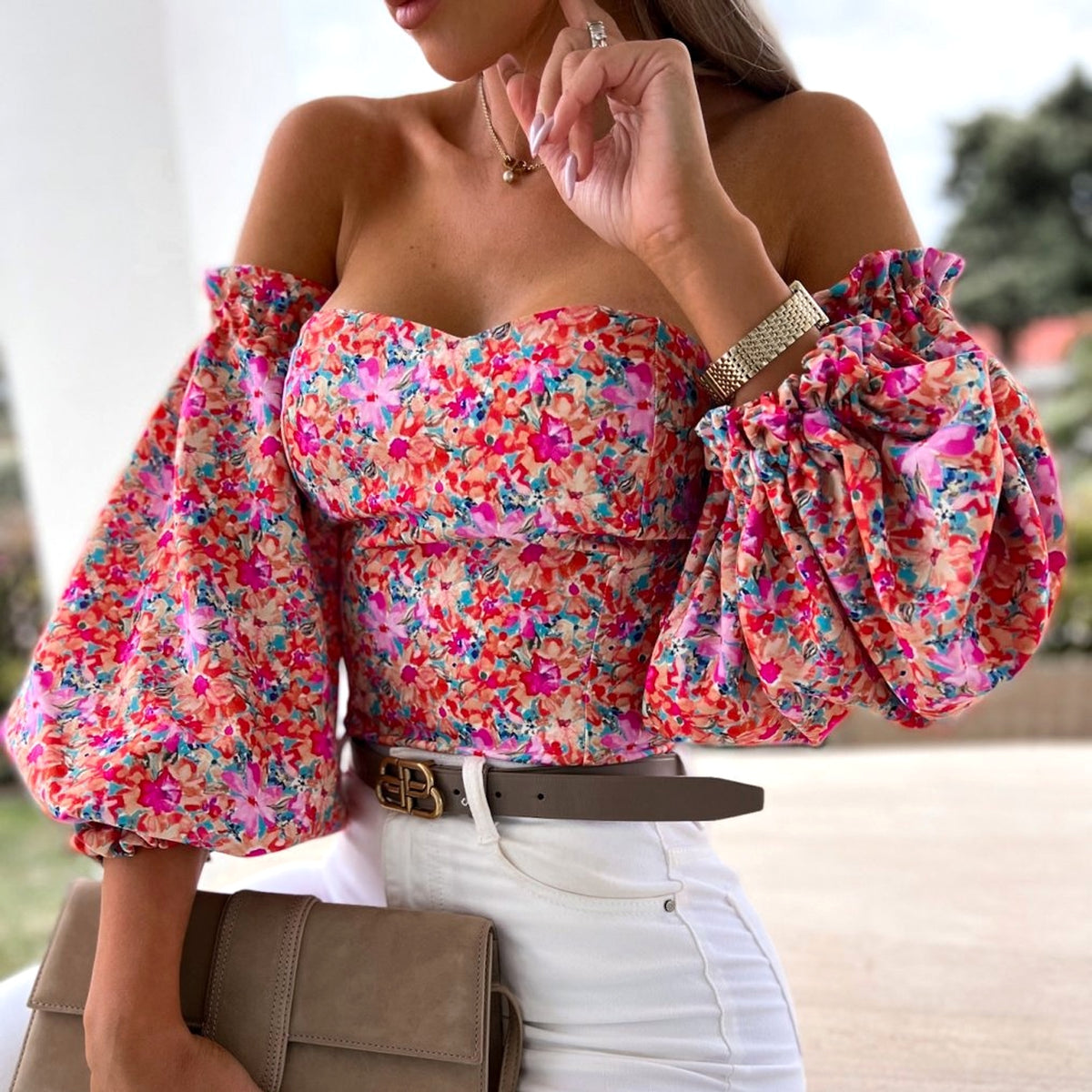 Lady Sexy Off-Shoulder Printed Shirt – Feminine Elegance Meets Casual Chic - enhanced image 7