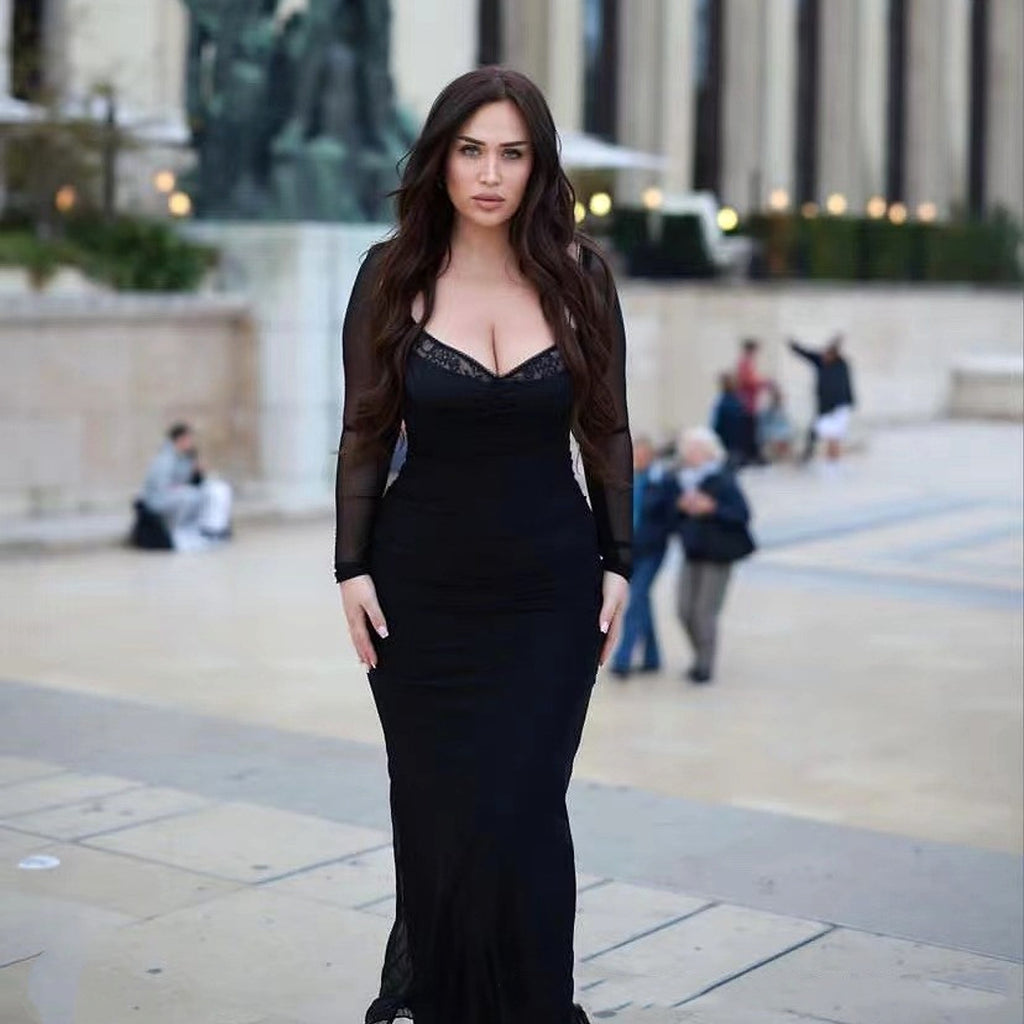 Women's Black With Fishbone Braces Long Sleeve Tight Dress - enhanced image 7