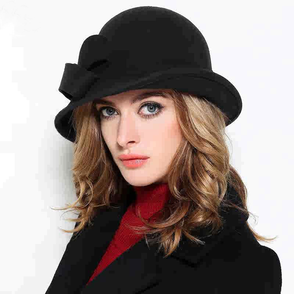 Women's French-style Elegant Retro Woolen Bowler Hat Curling Bow - enhanced image 7