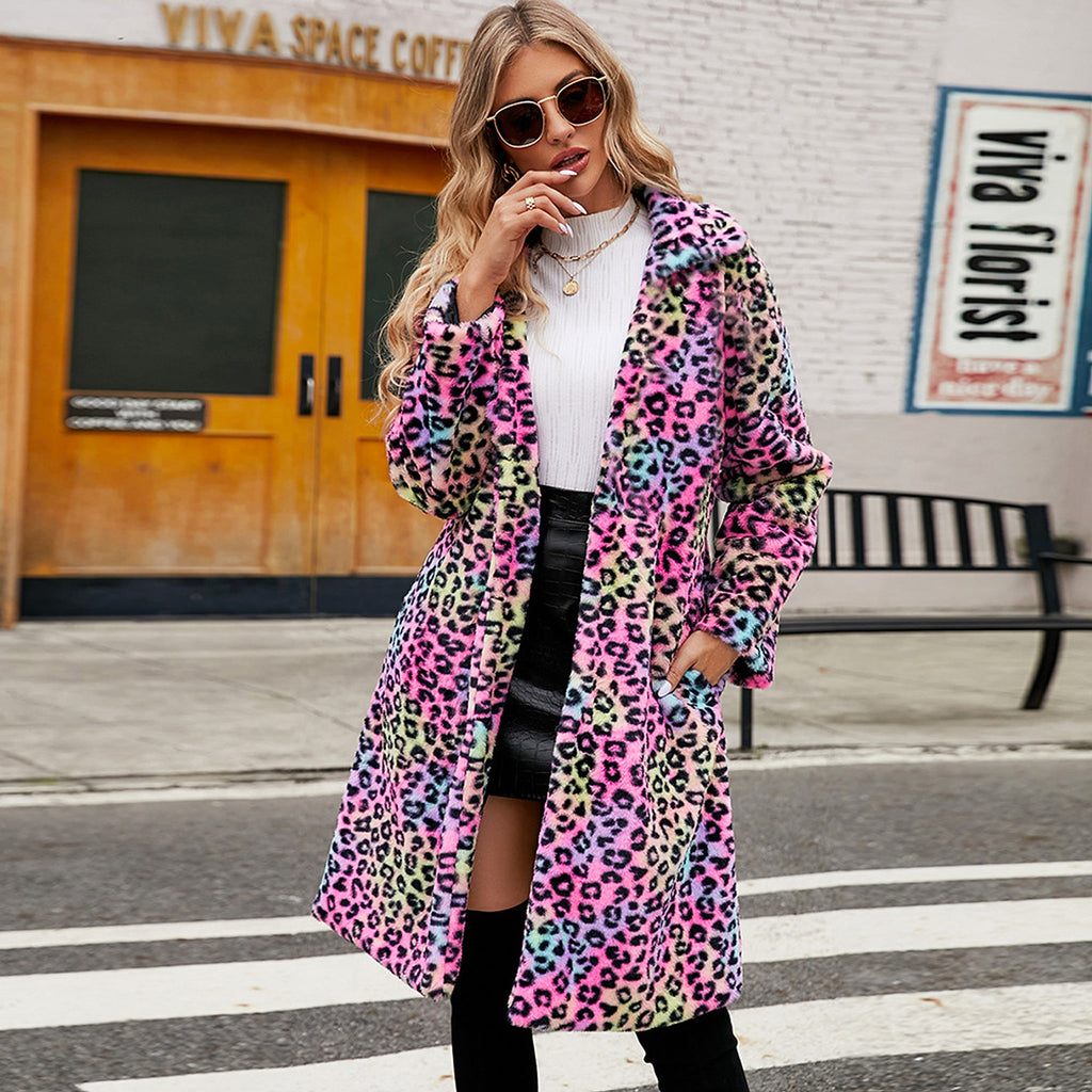 Women's Leopard Print Imitation Fur Plush Lapel Coat - enhanced image 7