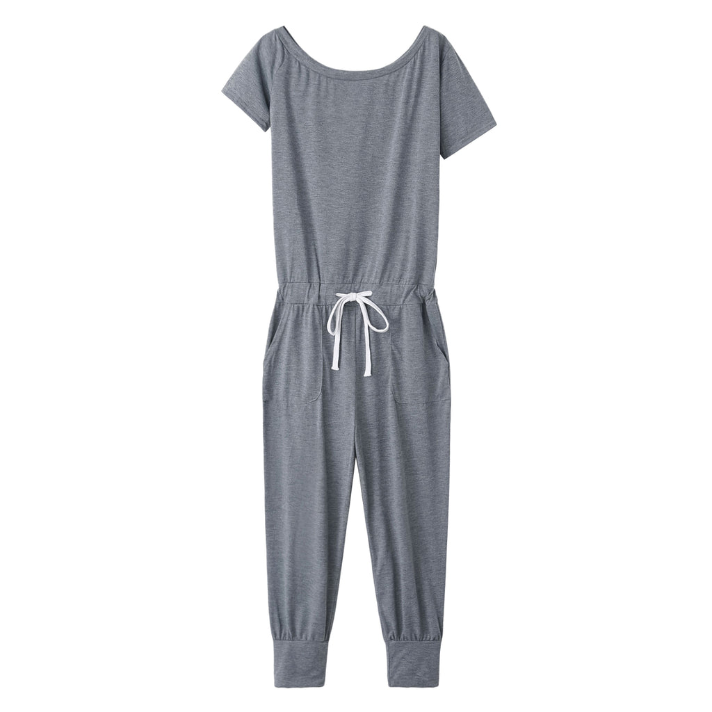 Women's Off-the-shoulder Short-sleeved Pocket Lace-up Shoulder Jumpsuit - enhanced image 7