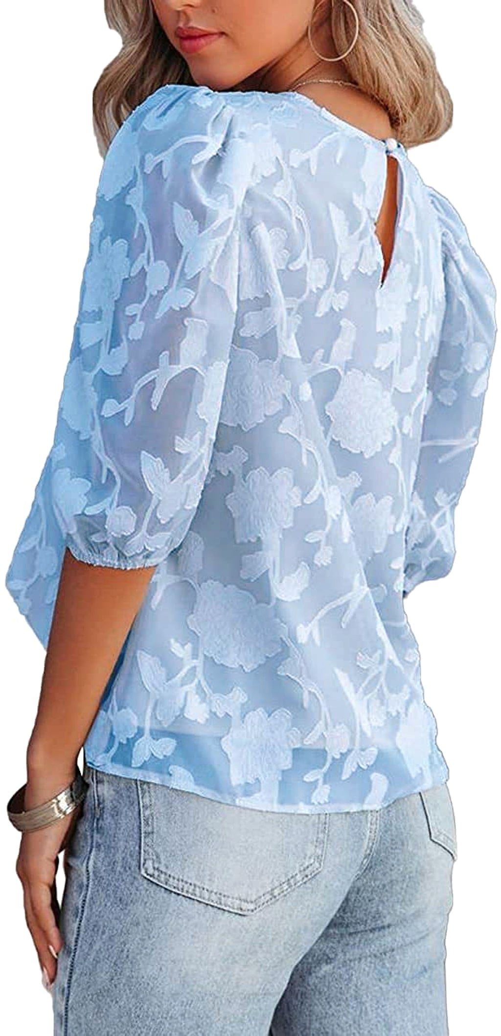 Women's Puff Sleeve Chiffon Loose Top Flower Texture T-Shirt - enhanced image 7