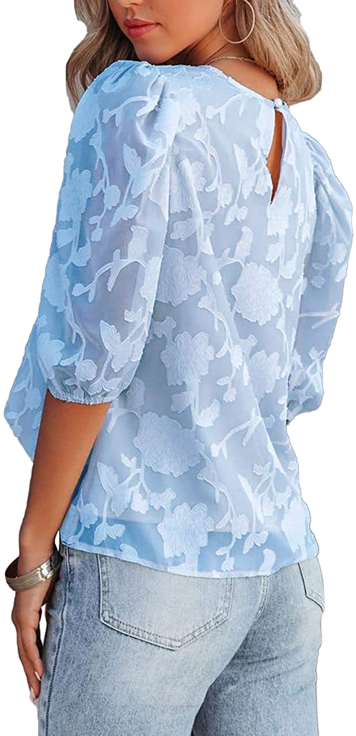 Women's Puff Sleeve Chiffon Loose Top Flower Texture T-Shirt - enhanced image 7