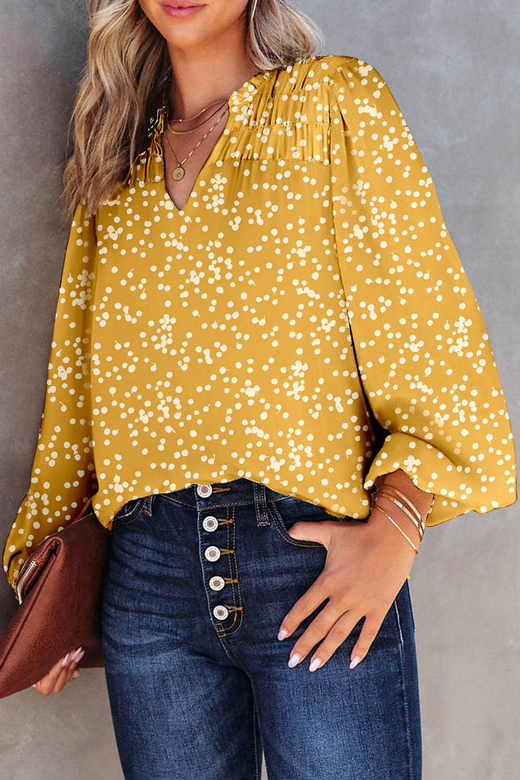 Yellow Split Neck Fall Printed Crinkled Blouse - enhanced image 7