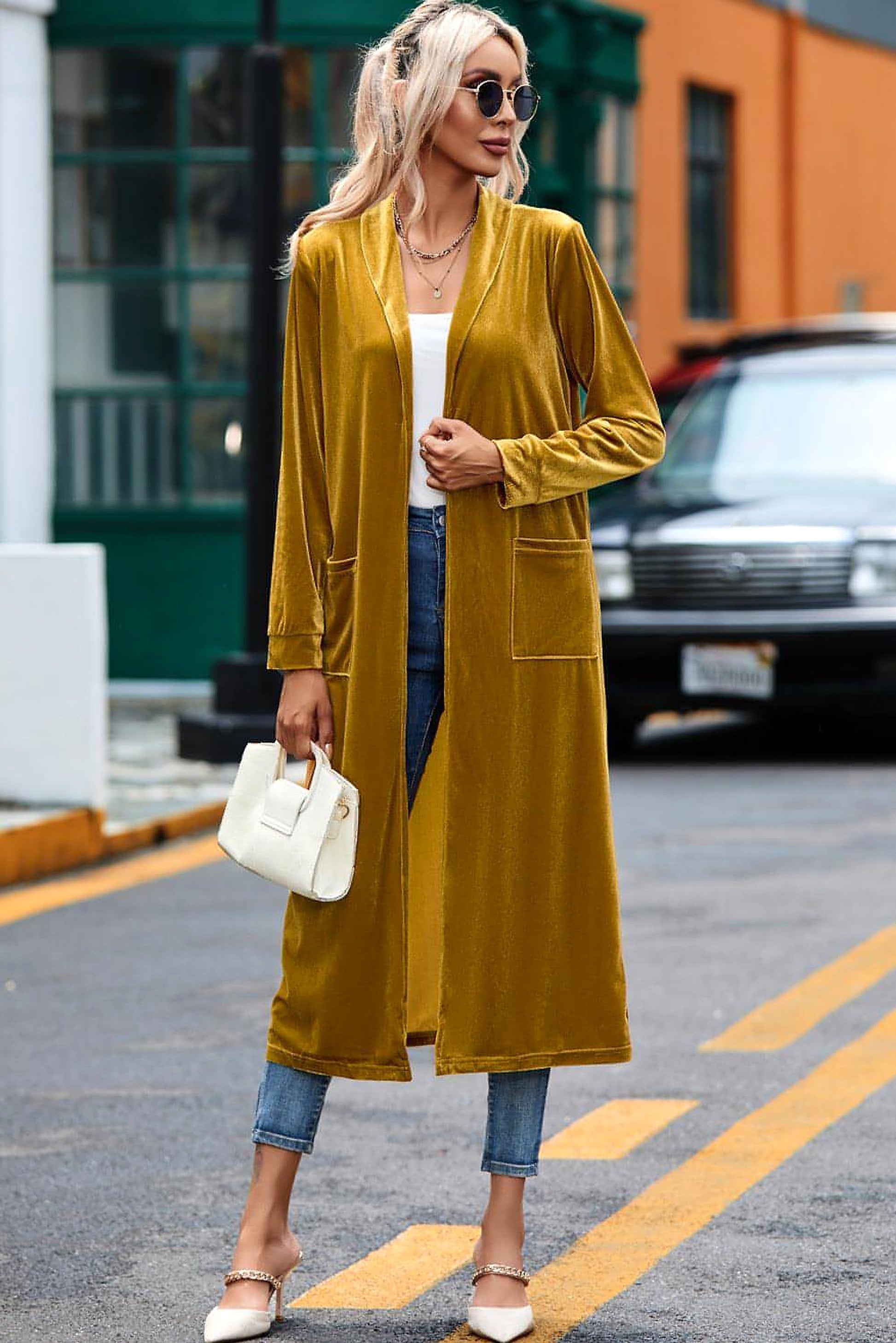 Yellow Velvet Open Front Pocketed Long Duster - enhanced image 7