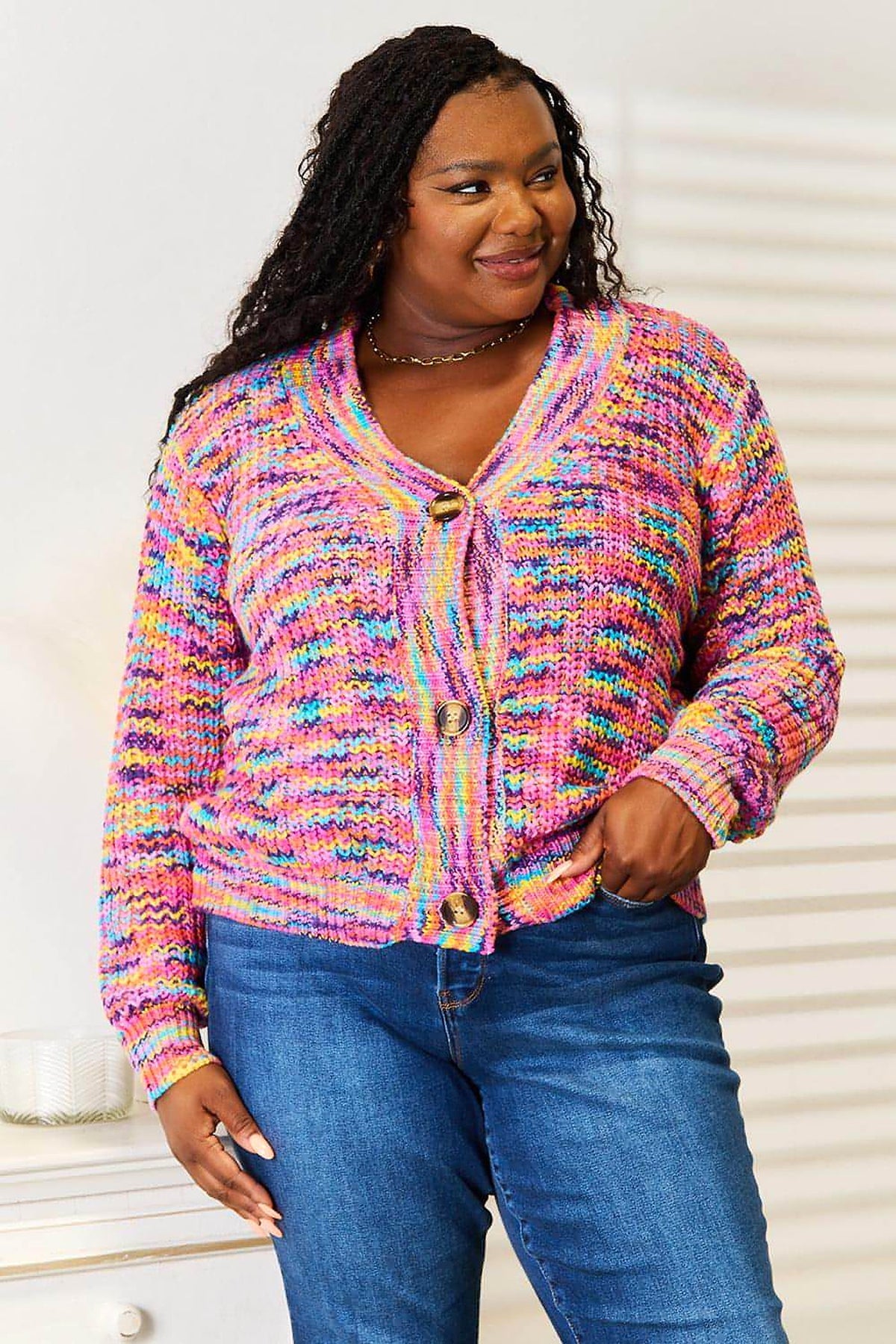 Angel Wings Woven Right V-Neck Long Sleeve Cardigan - enhanced image 8