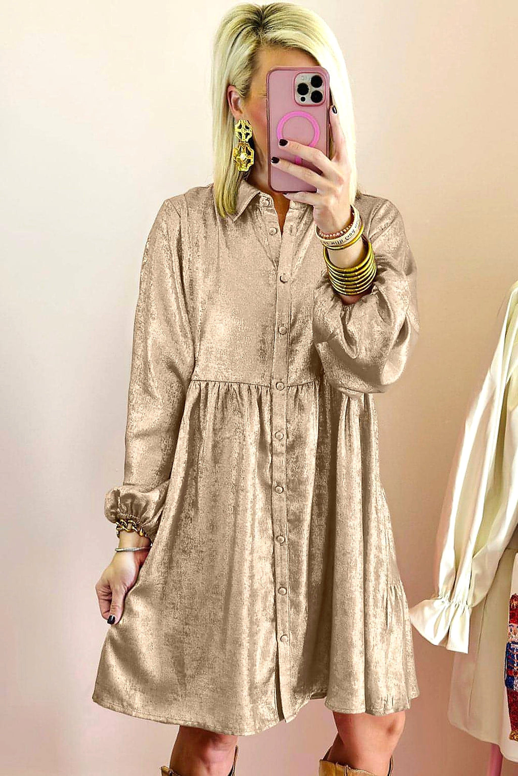 Apricot Metallic Sheen Puff Sleeve Button Up Mini Shirt Dress - enhanced image 8