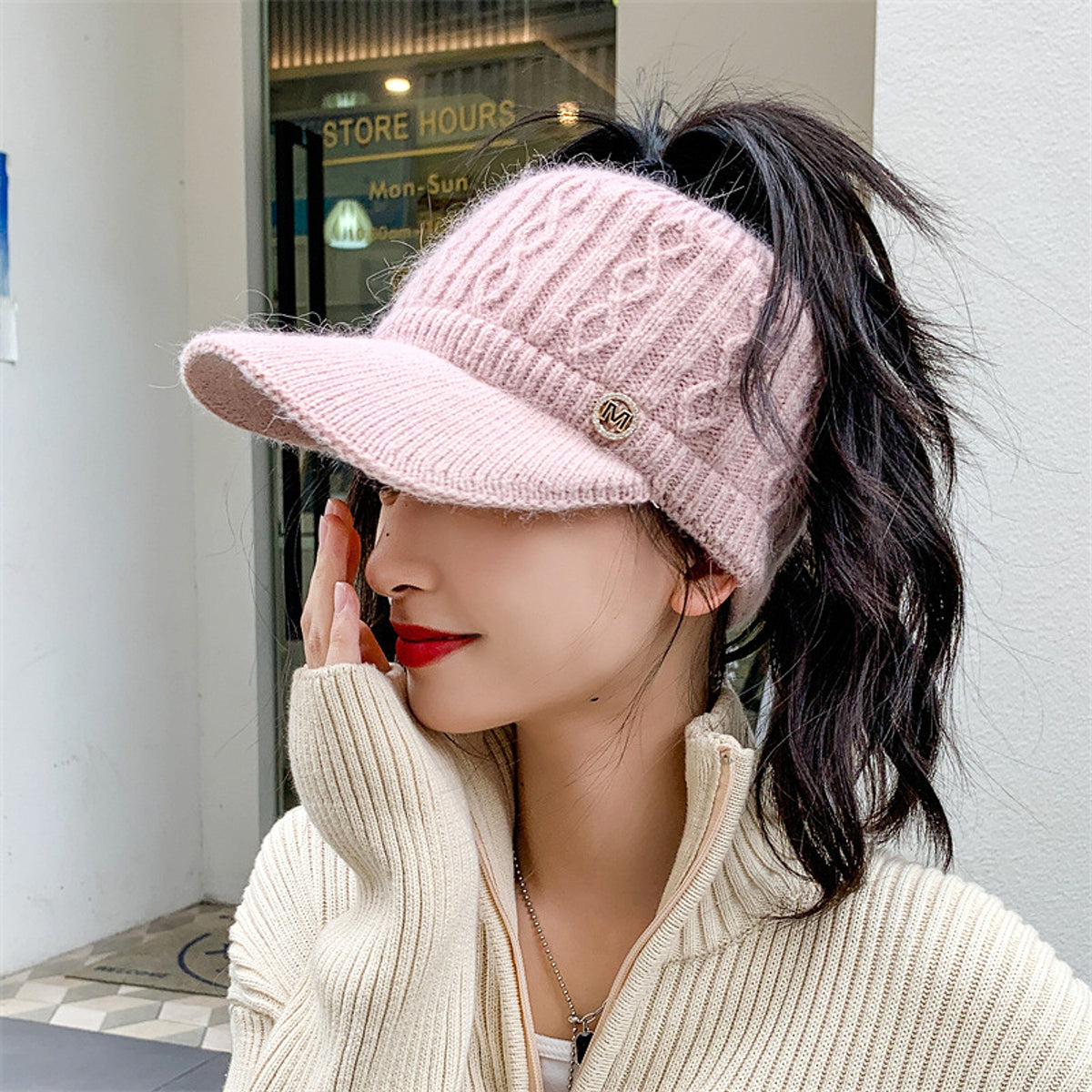 Autumn And Winter Korean Style Versatile Knitted Rabbit Fur Knitted Hat Fleece-lined Thick Warm Earflaps Peaked Cap - enhanced image 8