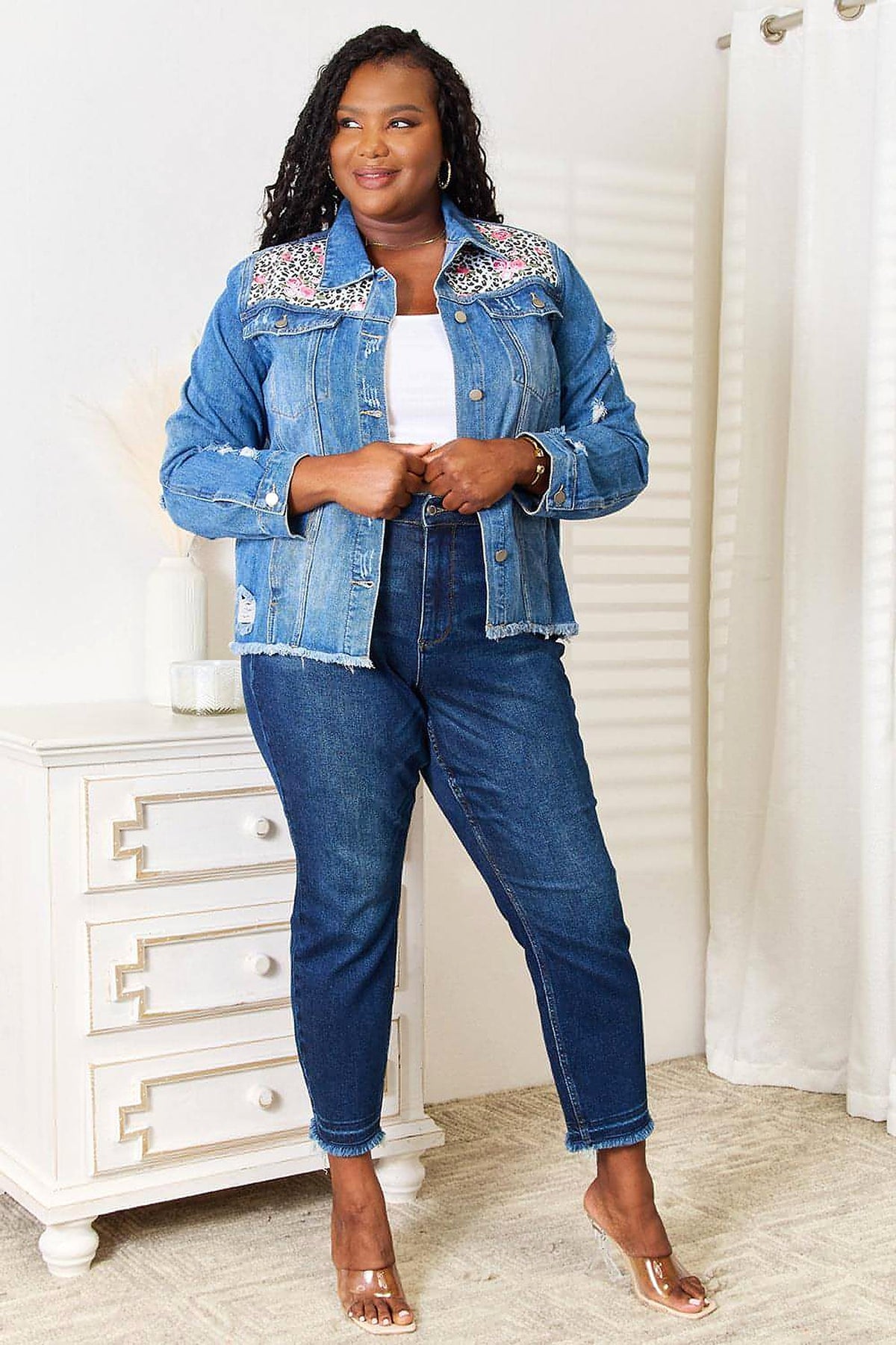 Baeful Leopard Floral Distressed Raw Hem Denim Jacket - enhanced image 8