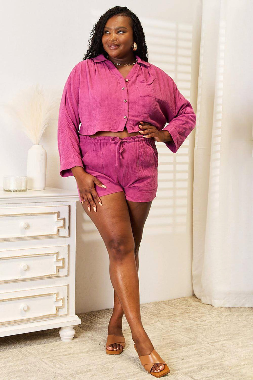Basic Bae Buttoned Long Sleeve Top and Shorts Set - enhanced image 8