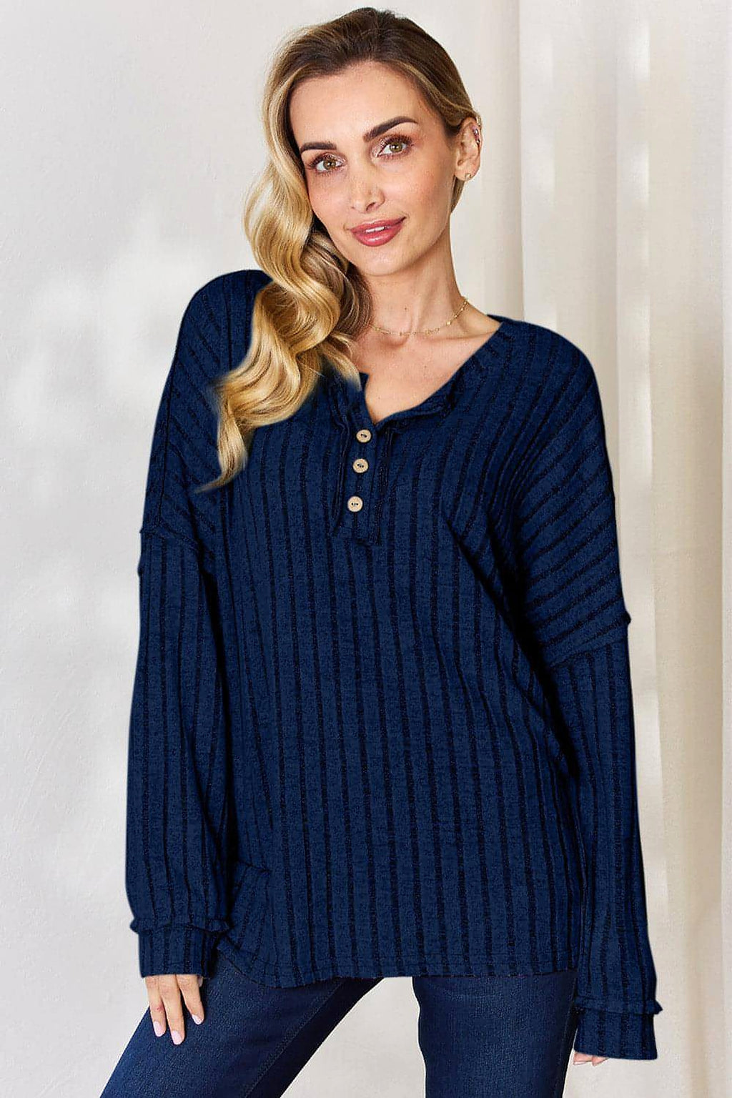 Basic Bae Full Size Ribbed Half Button Long Sleeve T-Shirt - enhanced image 8