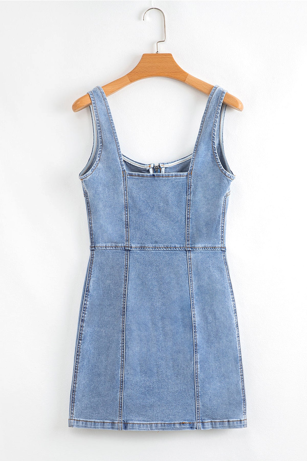 Beau Blue Seamed Zipper Square Neck Sleeveless Denim Mini Dress - enhanced image 8