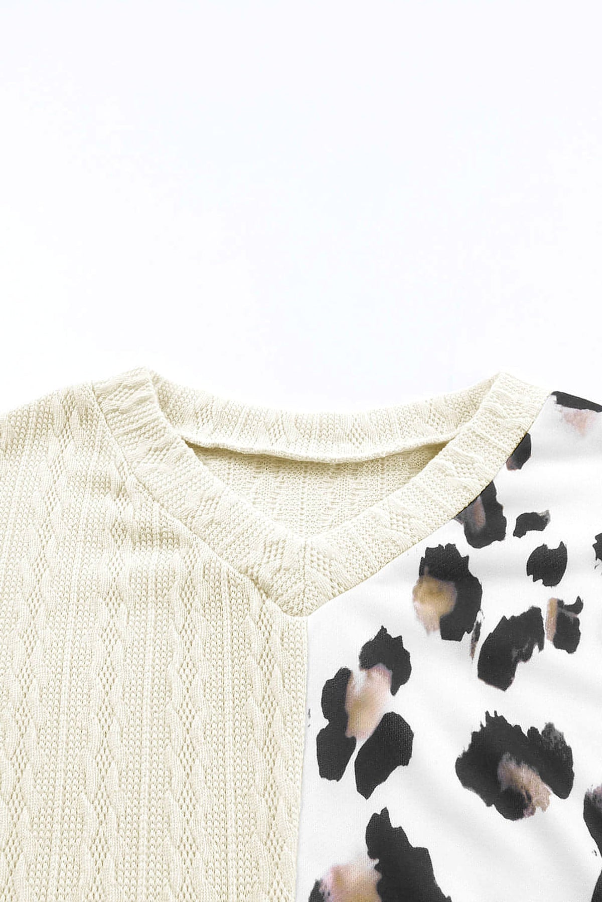 Beige Asymmetric Leopard Patchwork Wide Sleeve V Neck Sweater - enhanced image 8