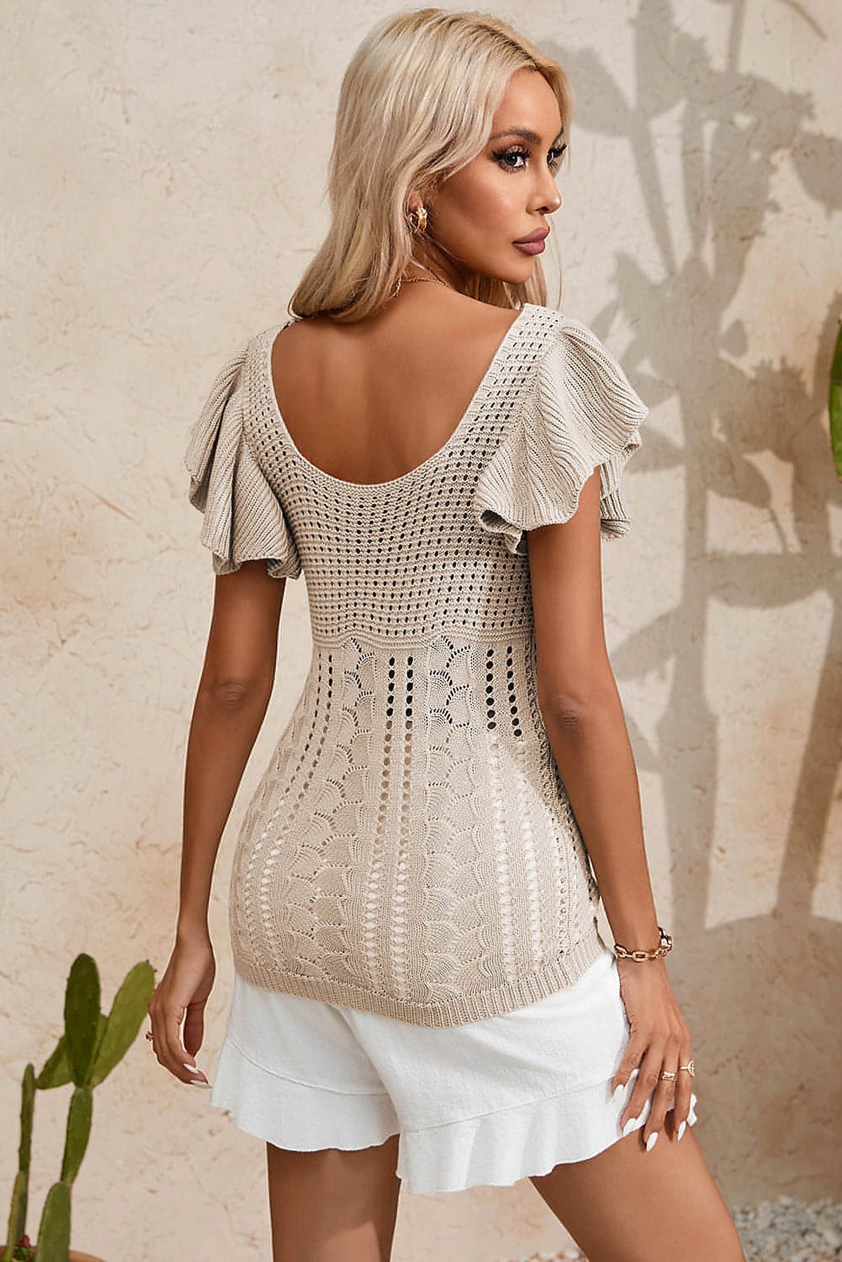 Beige Pointelle Knit Flutter Sleeve Sweater - enhanced image 8