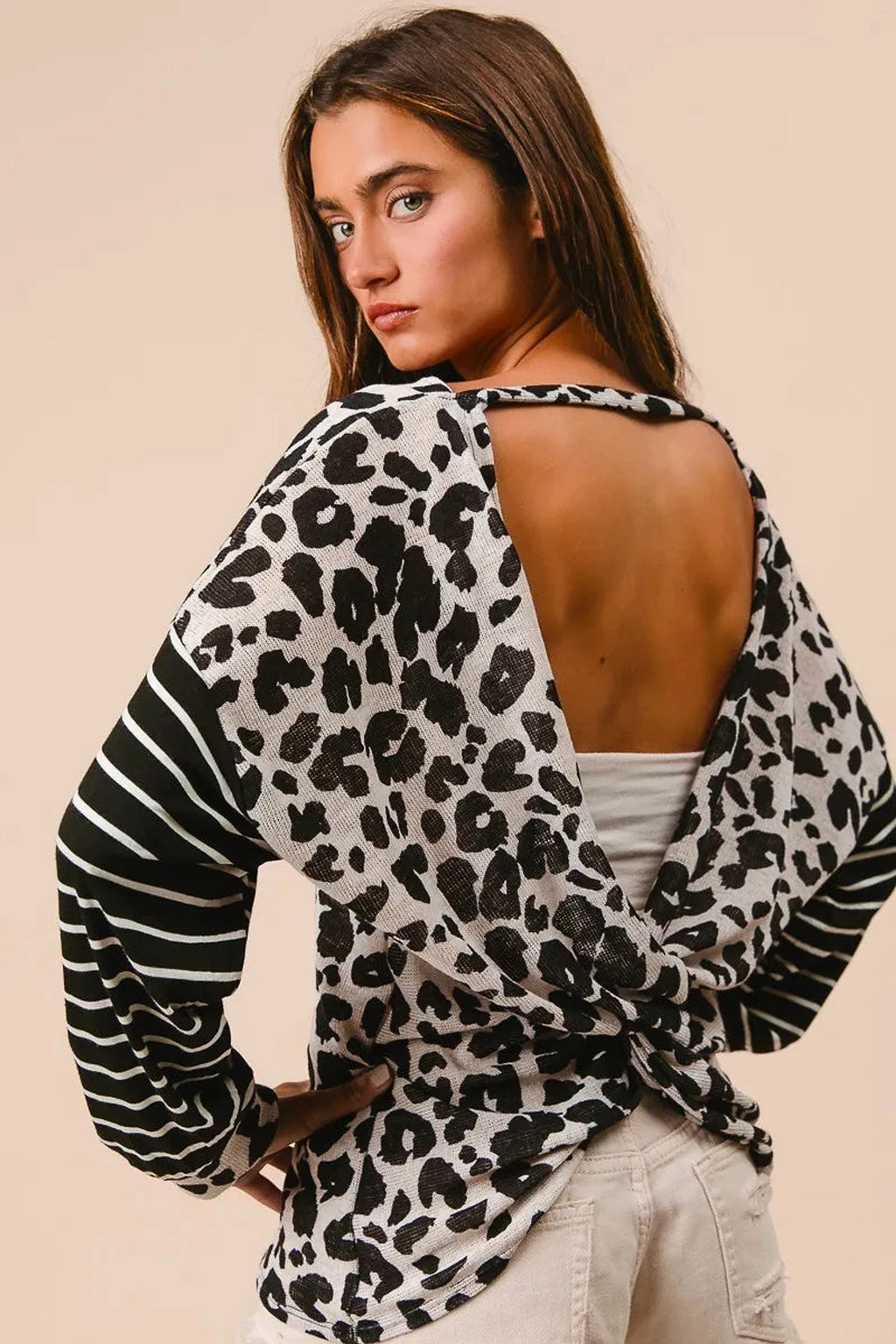 BiBi Leopard Hacci Knit Twist Back Top With Stripe Sleeve - enhanced image 8
