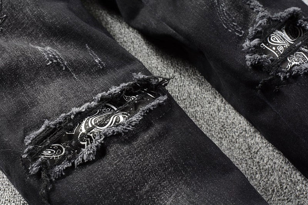 Black Cashew Flower Printed Patch Torn Jeans For Men - enhanced image 8