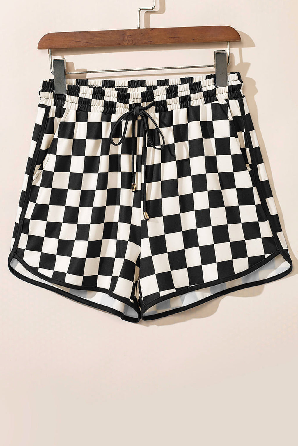 Black Checkered Drawstring Elastic Waist Casual Shorts. - enhanced image 8
