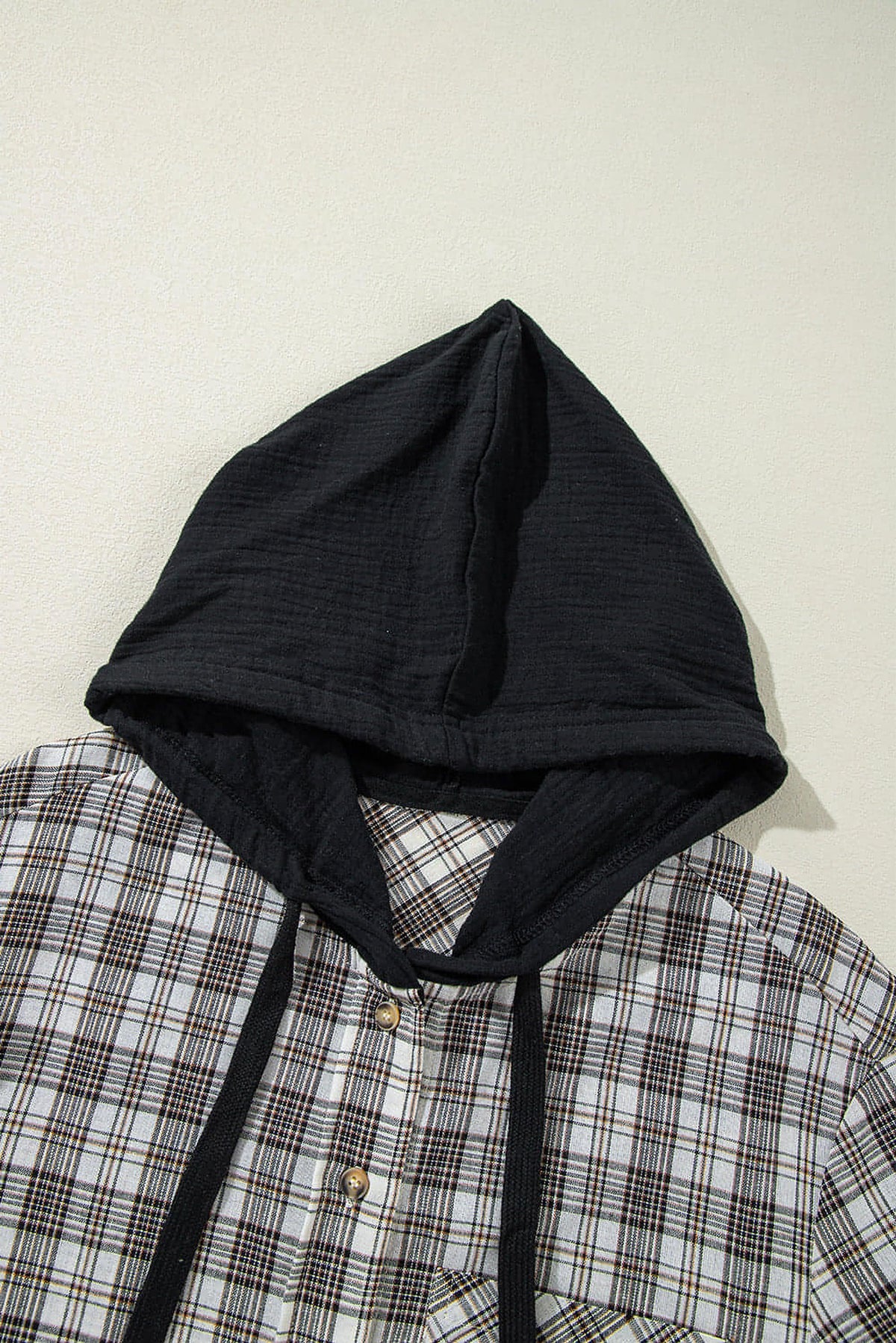 Black Checkered Print Loose Fit Buttoned Hooded Shacket - enhanced image 8