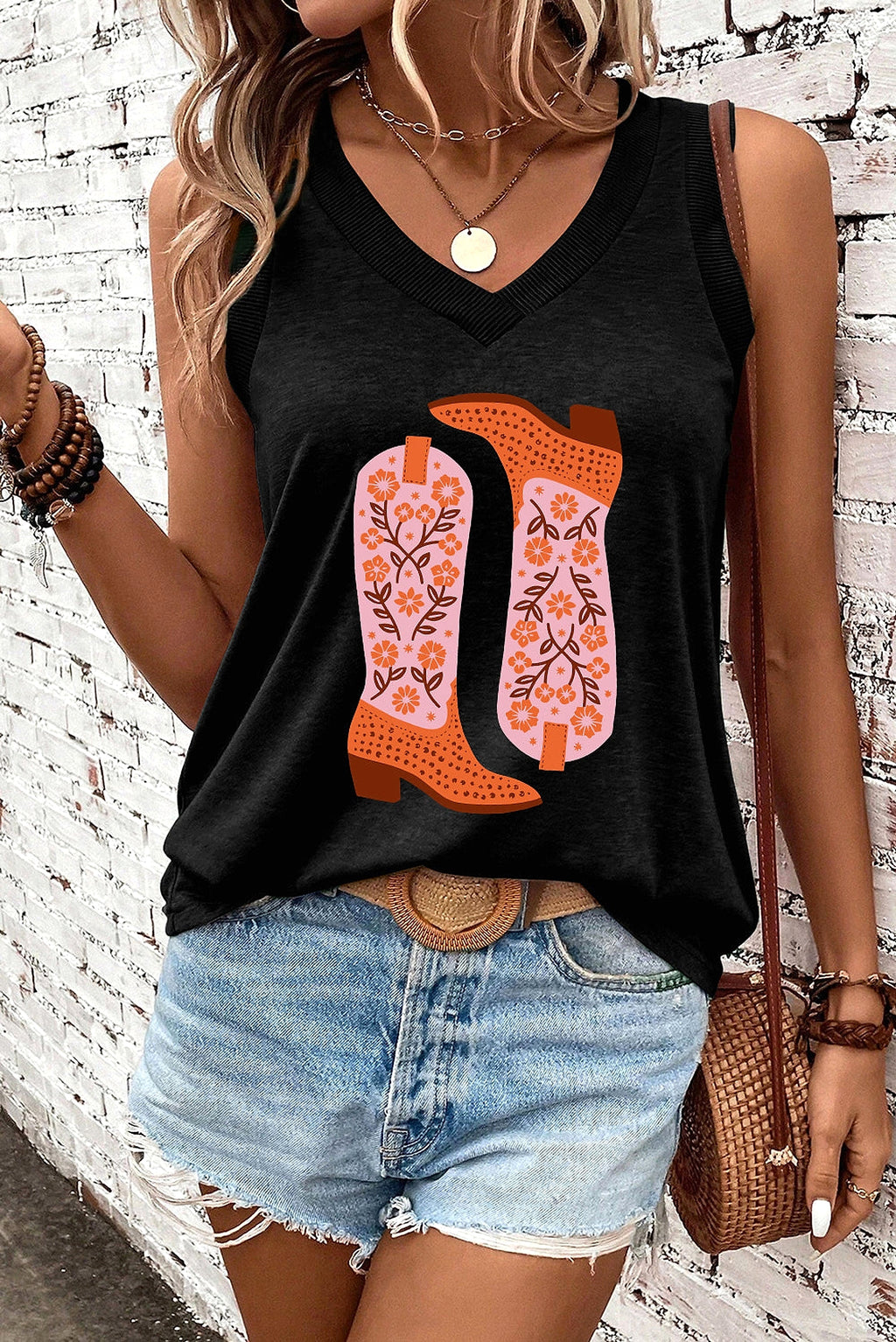 Black Cowgirl Floral Boots Printed Tank Top - enhanced image 8