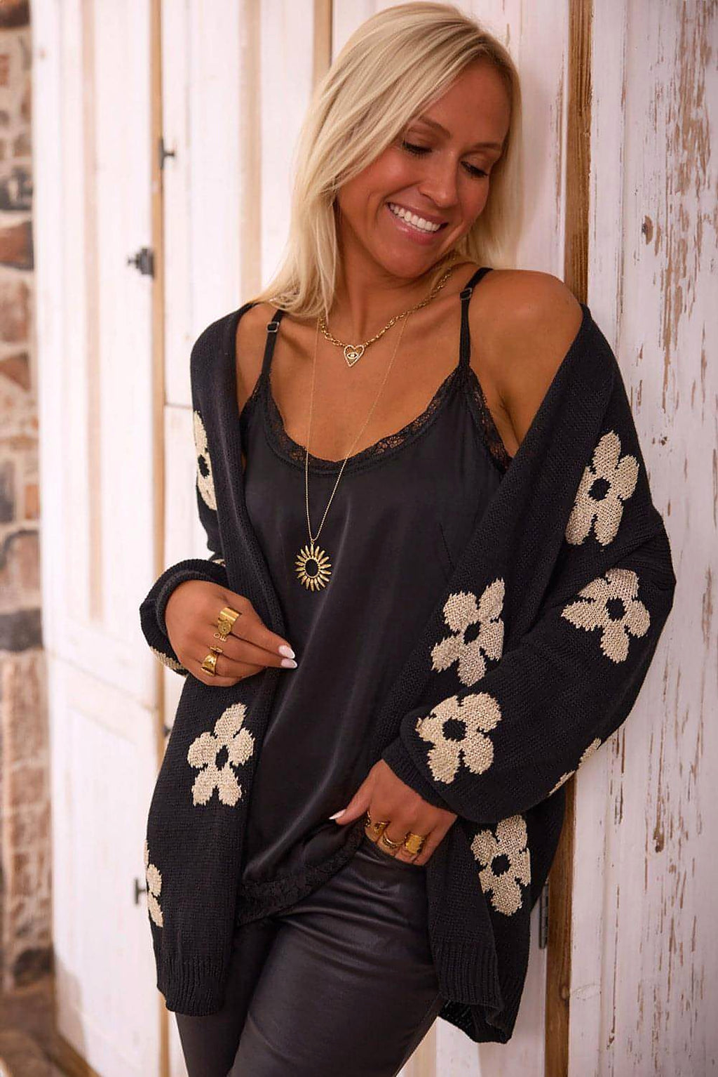 Black Floral Print Knitted Open Front Loose Cardigan - enhanced image 8