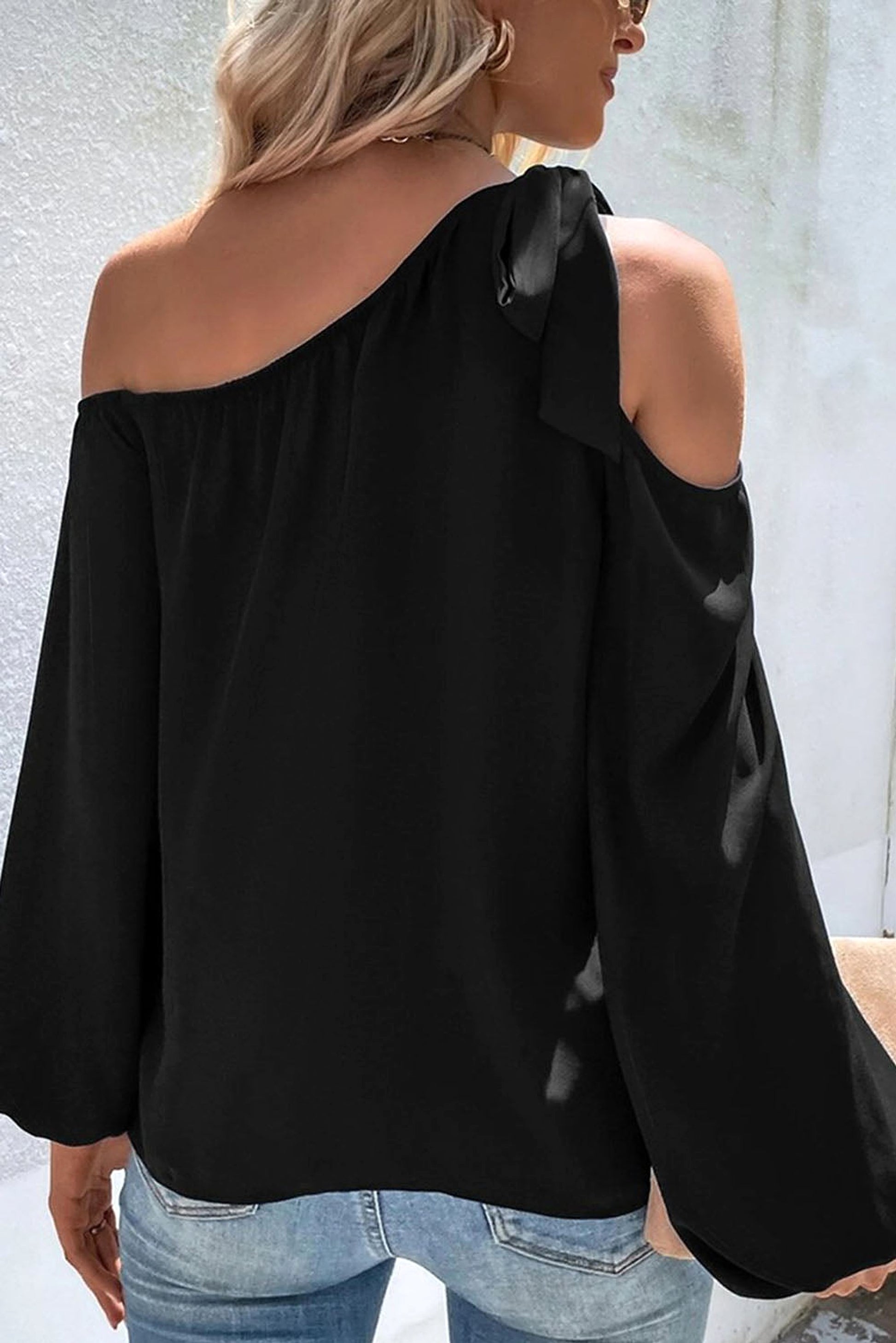 Black Knotted Asymmetric Off Shoulder Blouse - enhanced image 8