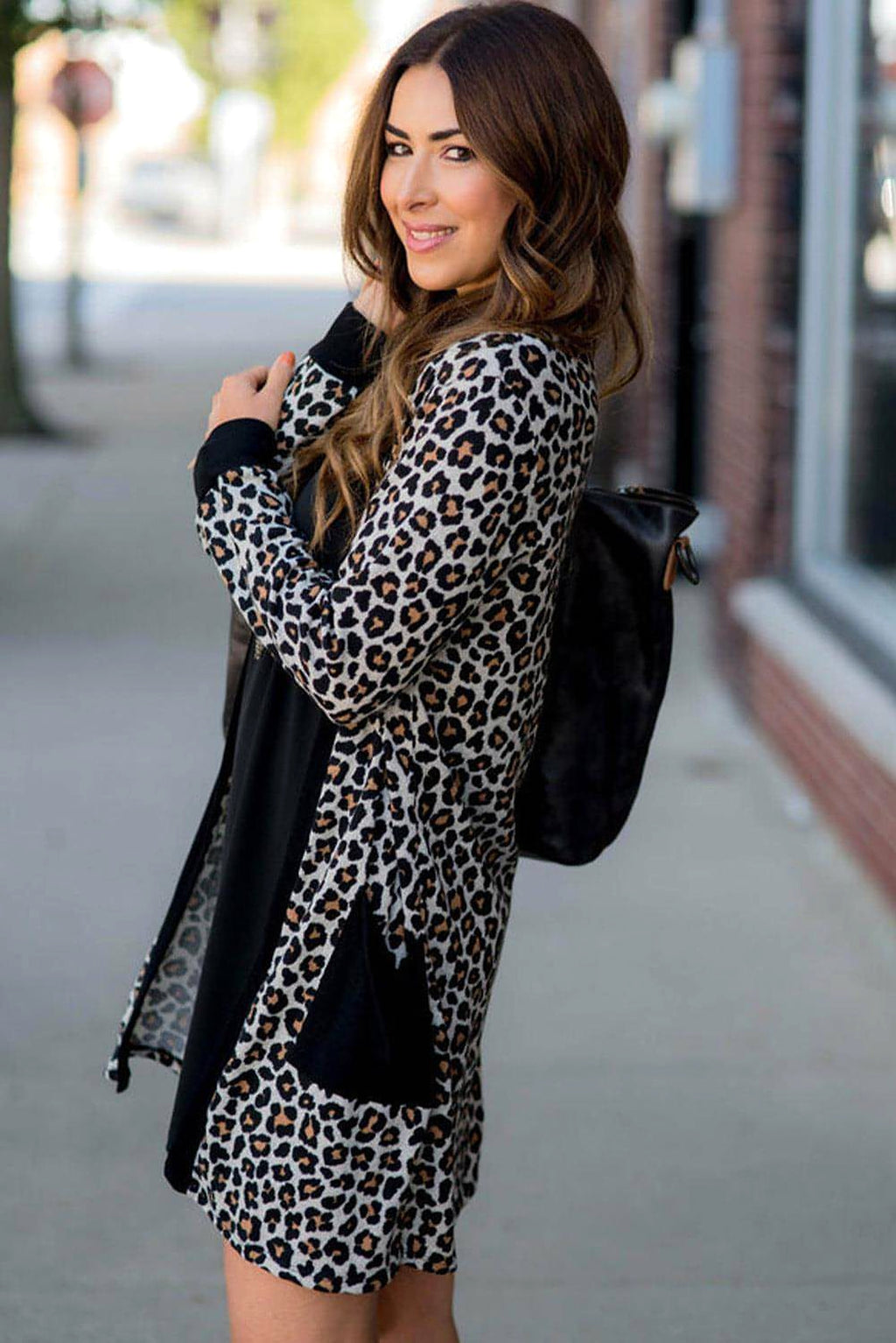 Black Leopard Patched Pocket Open Front Cardigan - enhanced image 8