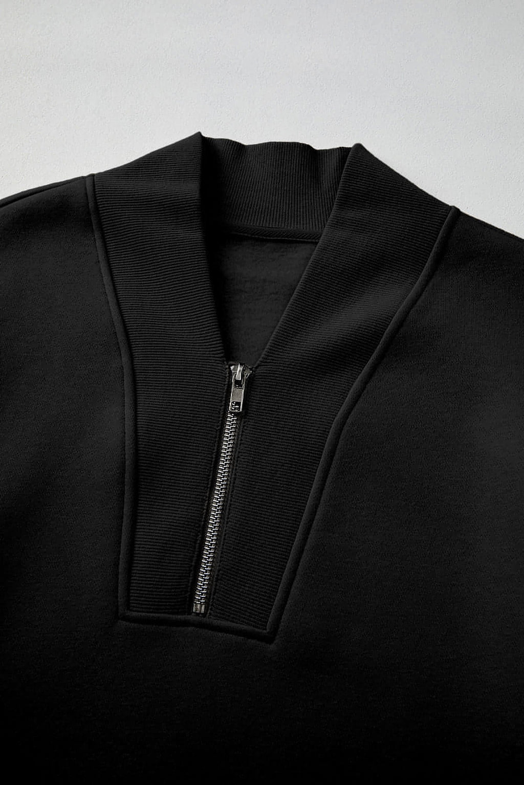 Black Plain Half Zip V Neck Ribbed Edge Loose Tracksuit - enhanced image 8