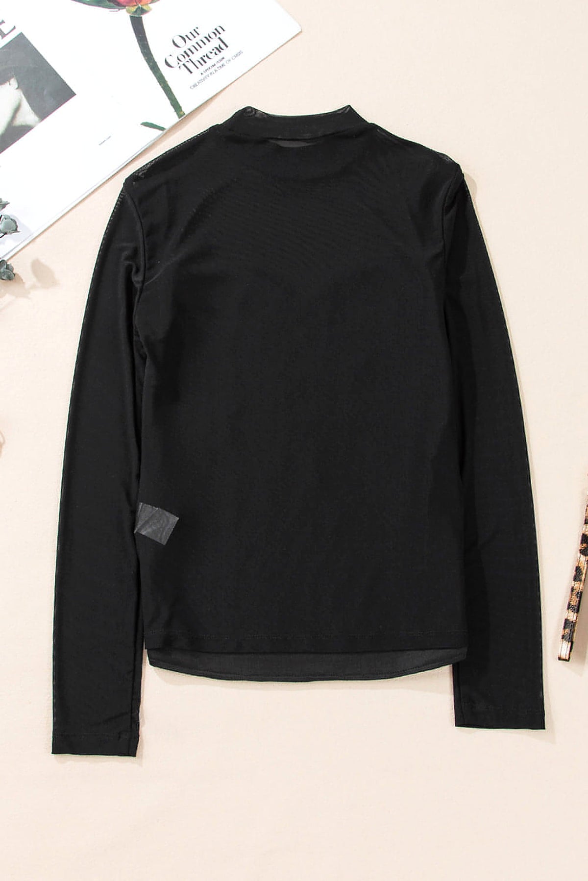Black Sequin Velvet Sheer Mesh Mock Neck Blouse - enhanced image 8
