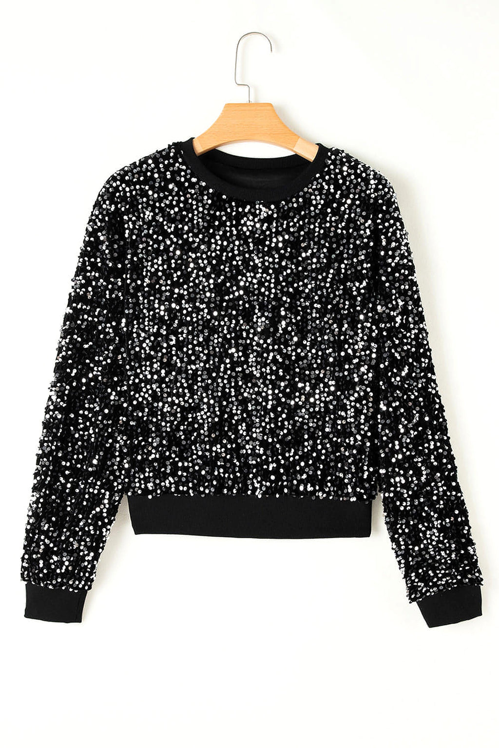 Black Sequined Long Sleeve Crew Neck Cropped Blouse - enhanced image 8