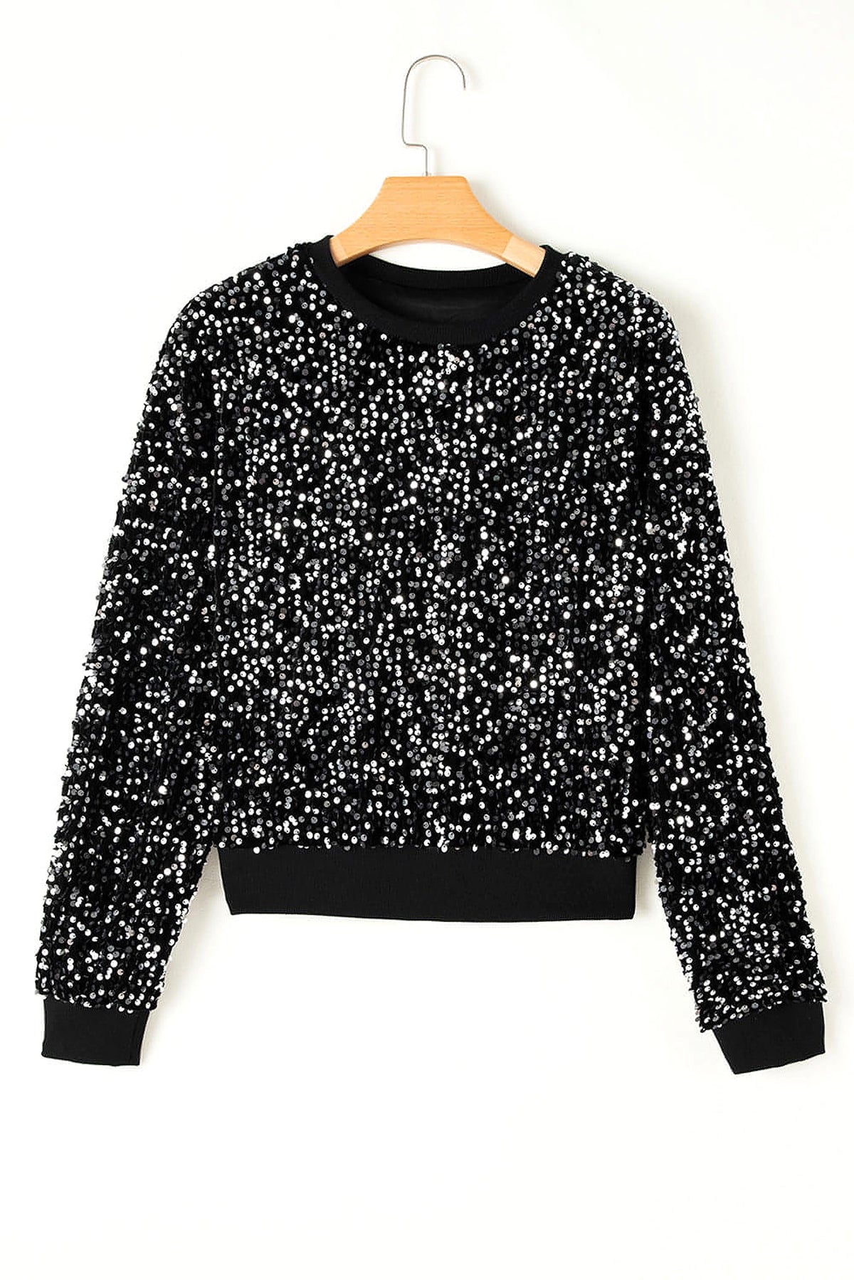 Black Sequined Long Sleeve Crew Neck Cropped Blouse - enhanced image 8