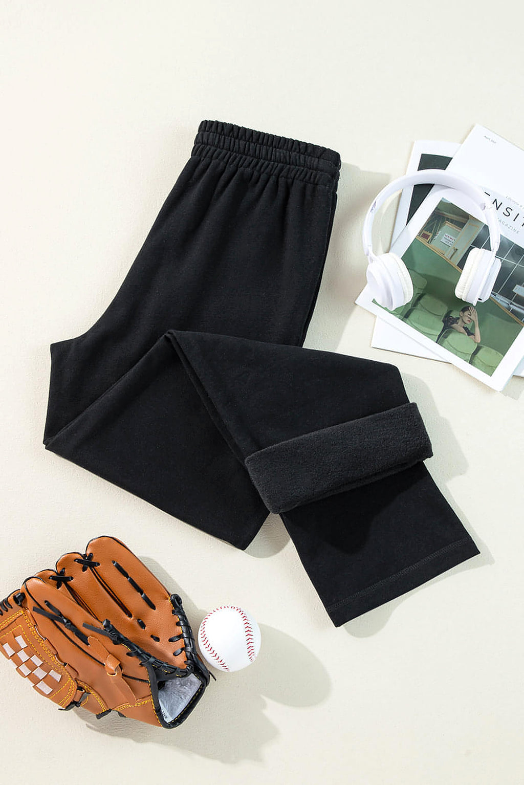 Black Solid Color Fleece Lined Drawstring Waist Casual Pants - enhanced image 8