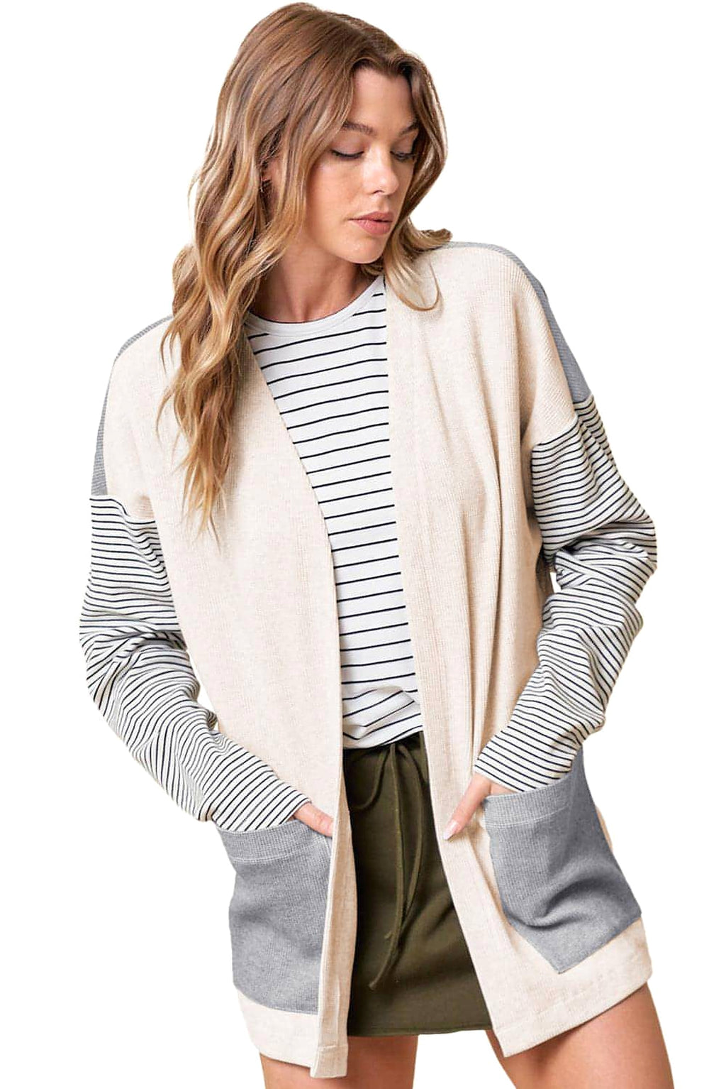 Black Stripe Colorblock Patchwork Open Front Cardigan with Pocket - enhanced image 8
