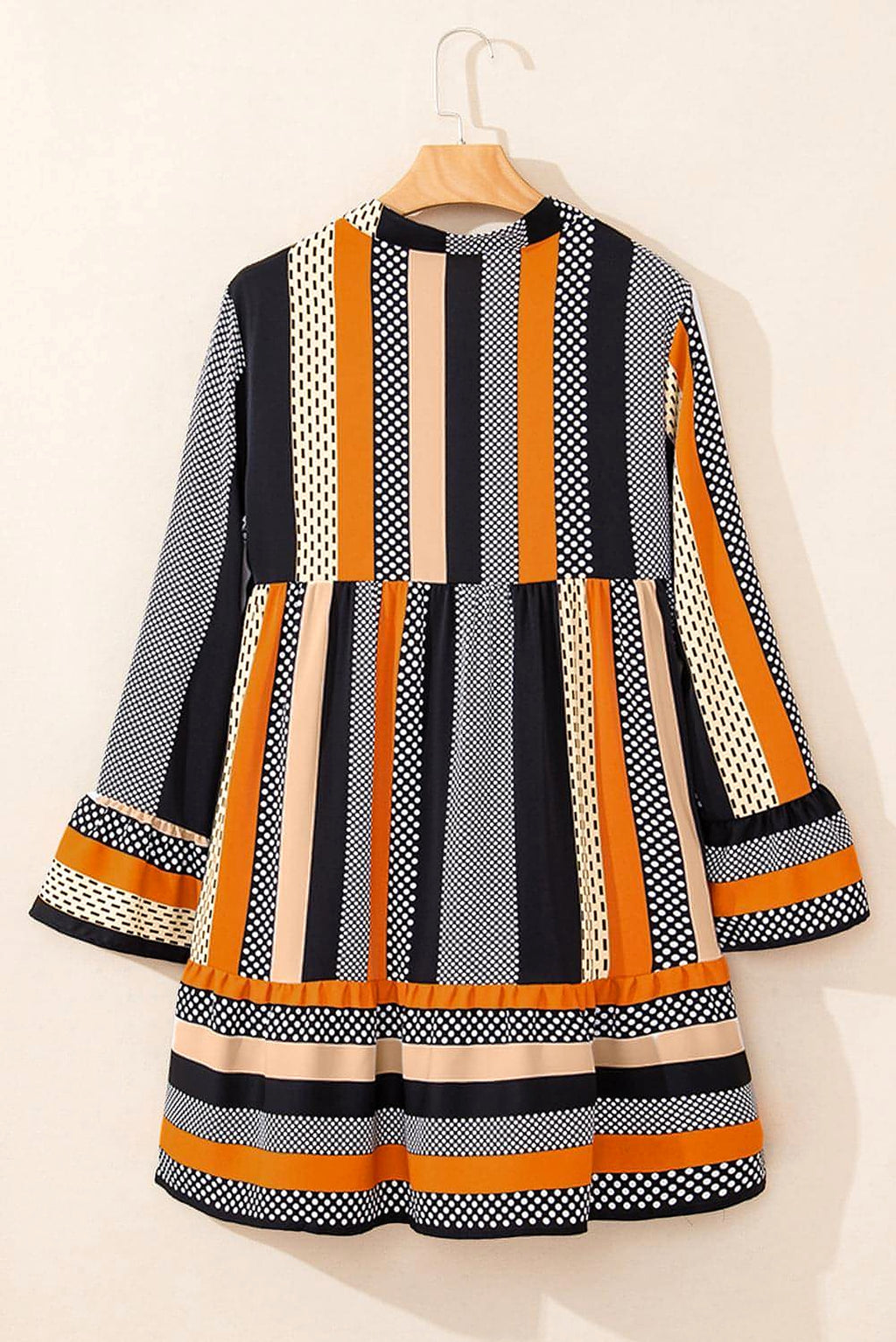 Black Striped Polka Dot Print Ruffled Hem V Neck Mini Dress - enhanced image 8