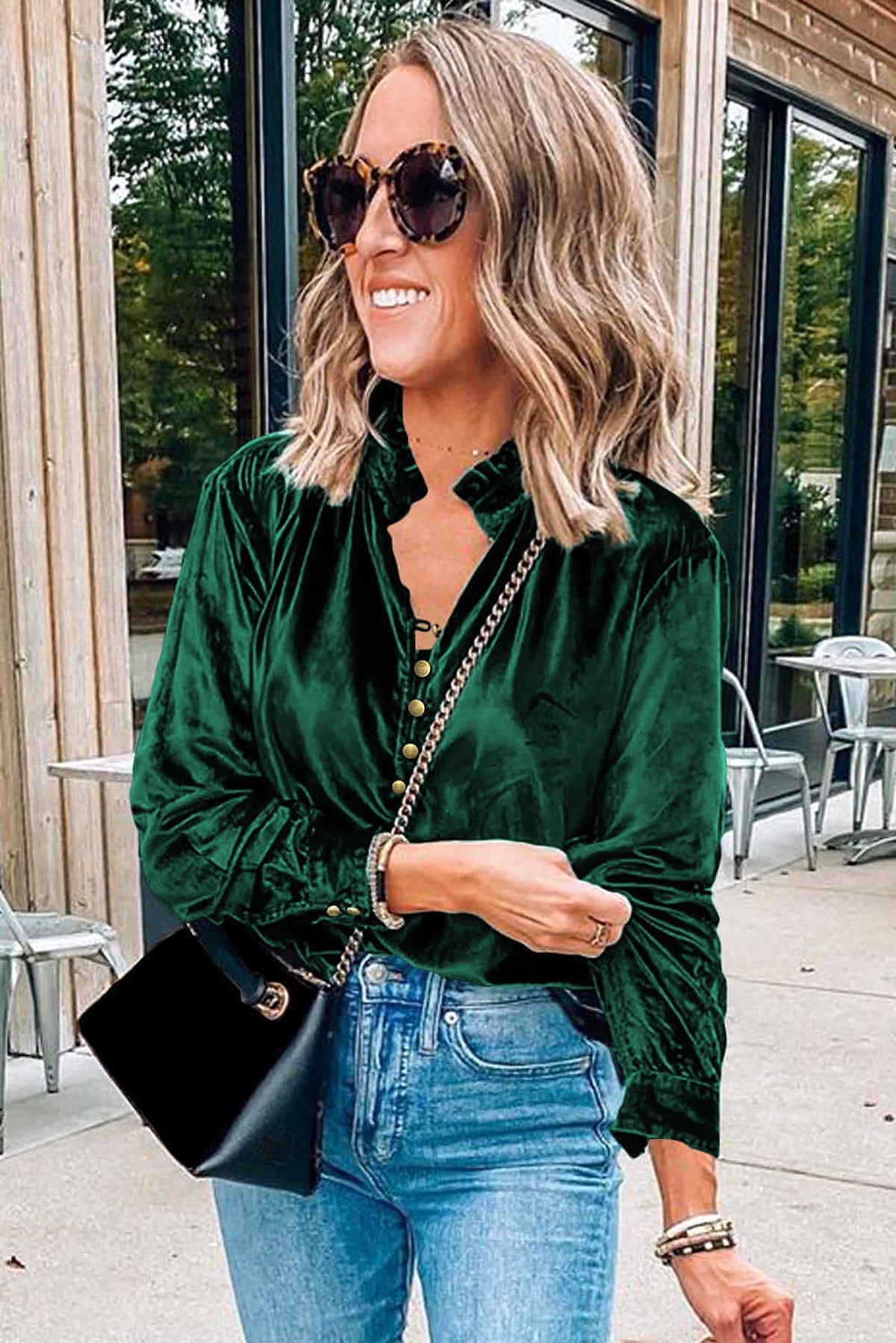Blackish Green Frilled Neck Buttoned Front Velvet Top - enhanced image 8