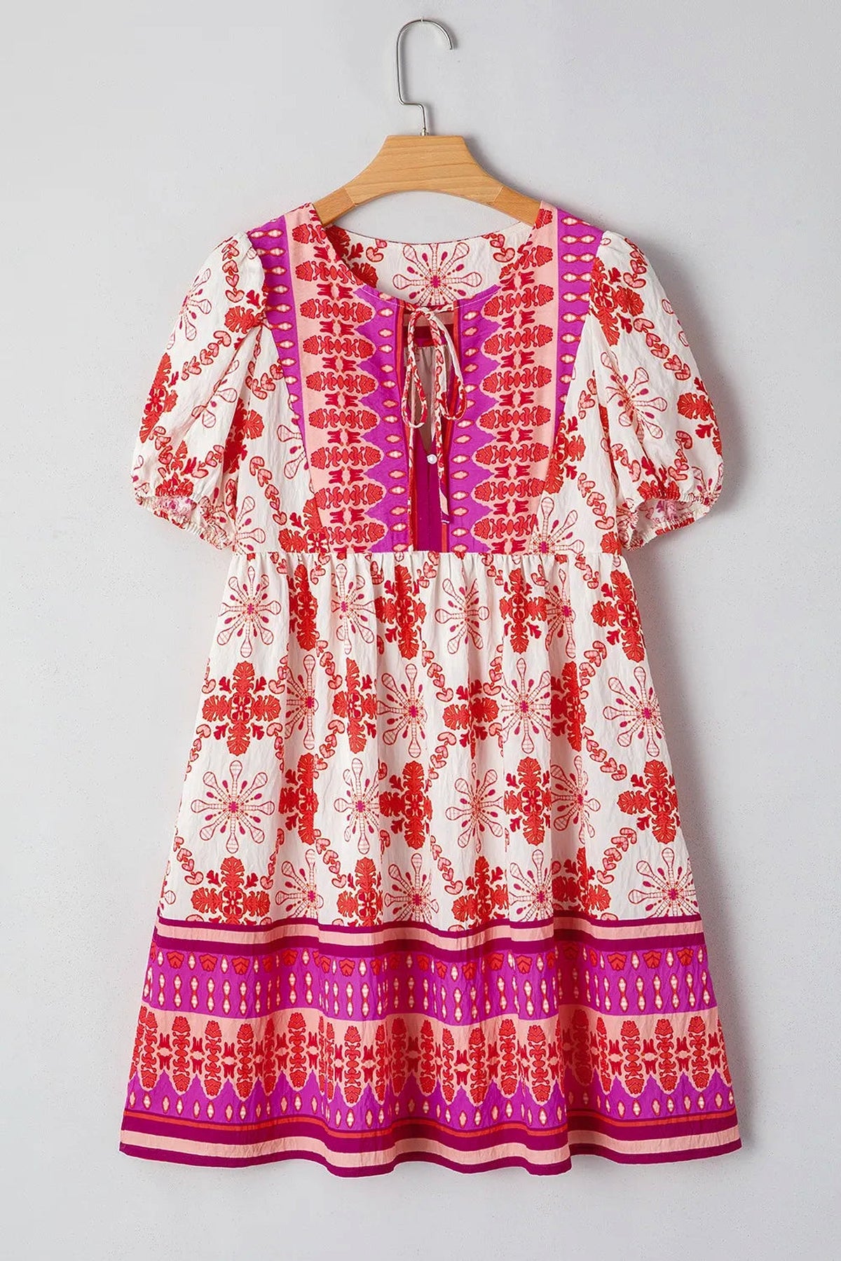 Boho Floral Short Sleeve Tie Neck Mini Dress - enhanced image 8