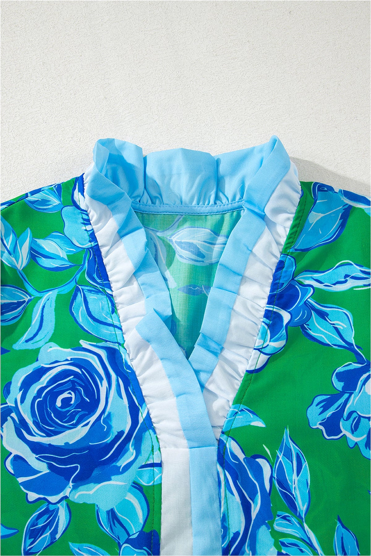 Bright Green Floral Frilled V Neck Short Sleeve Blouse Top - enhanced image 8