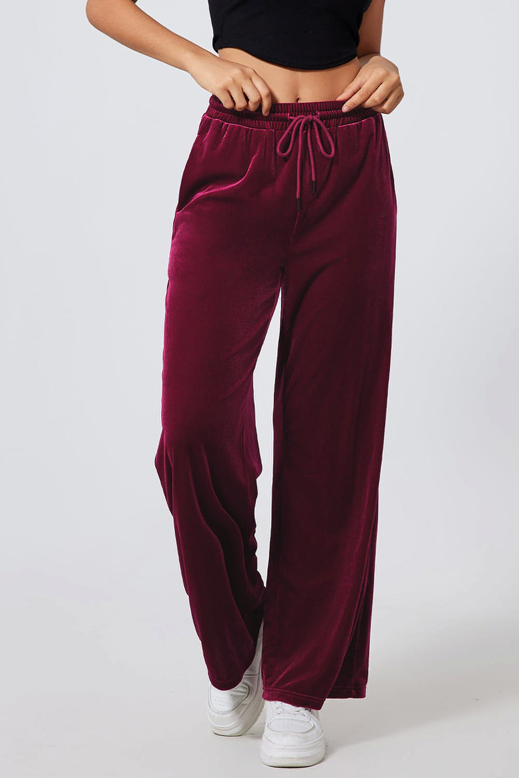 Burgundy Solid Drawstring Waist Wide Leg Pants - enhanced image 8