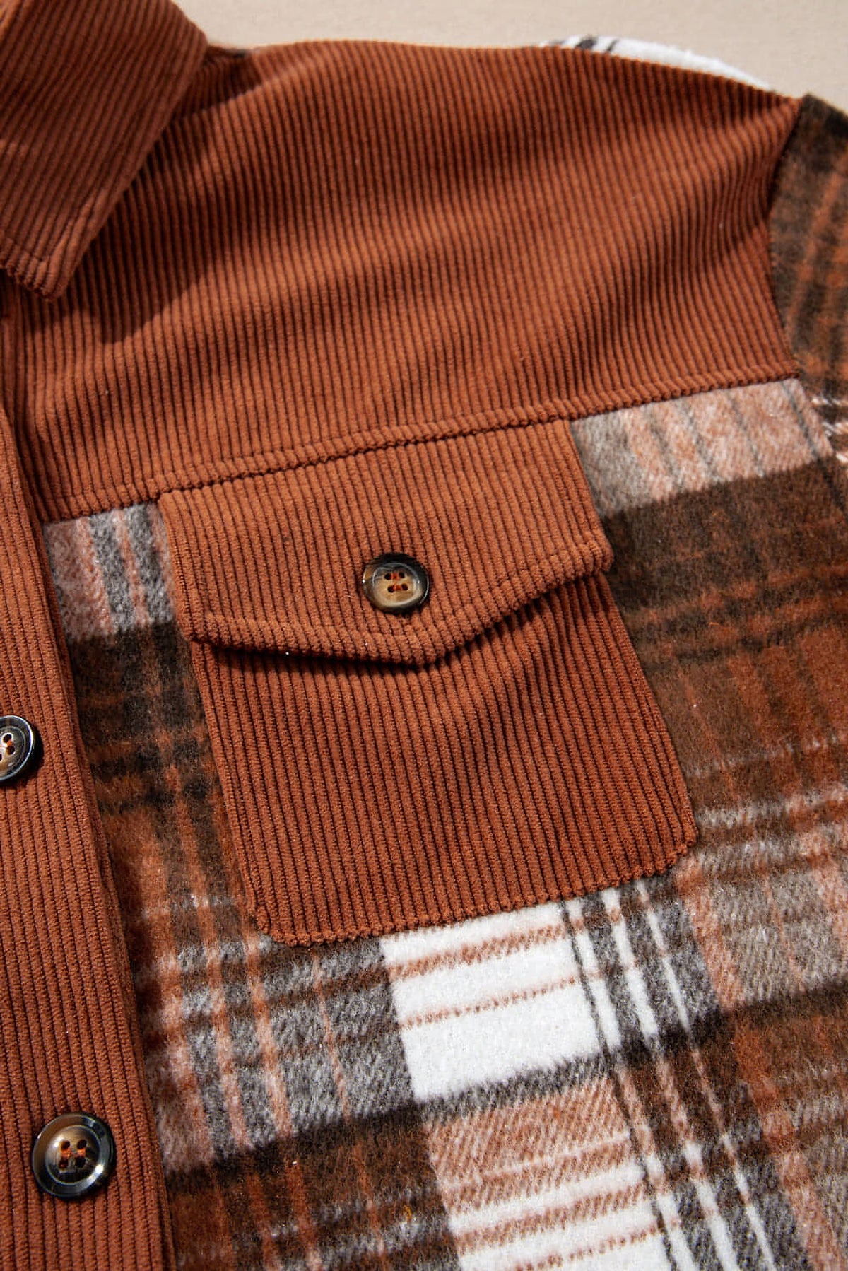 Cinnamon Plaid Corduroy Patchwork Chest Pocket Shacket - enhanced image 8
