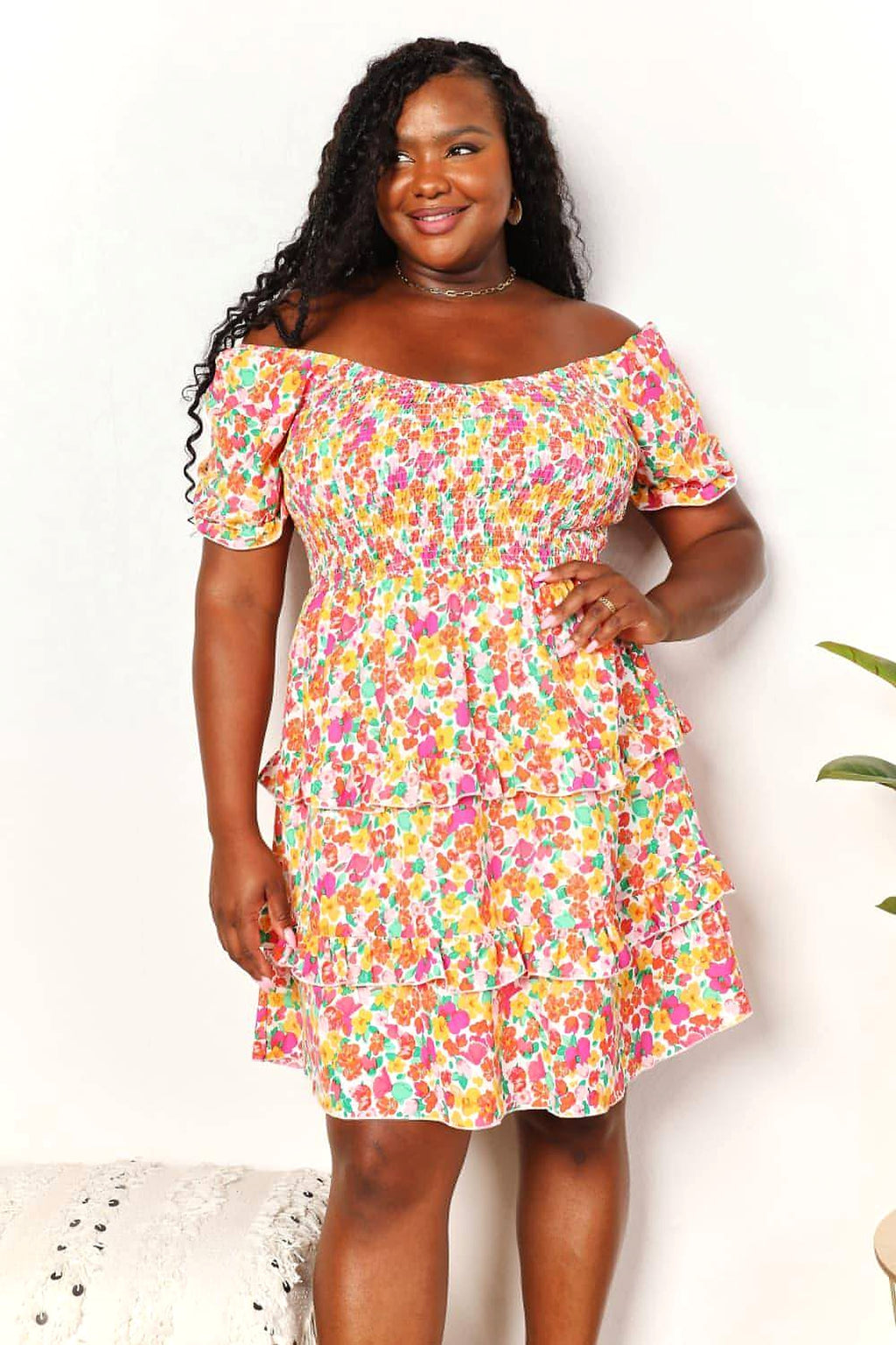 Devine Smocked Sweetheart Neck Flounce Sleeve Mini Dress - enhanced image 8
