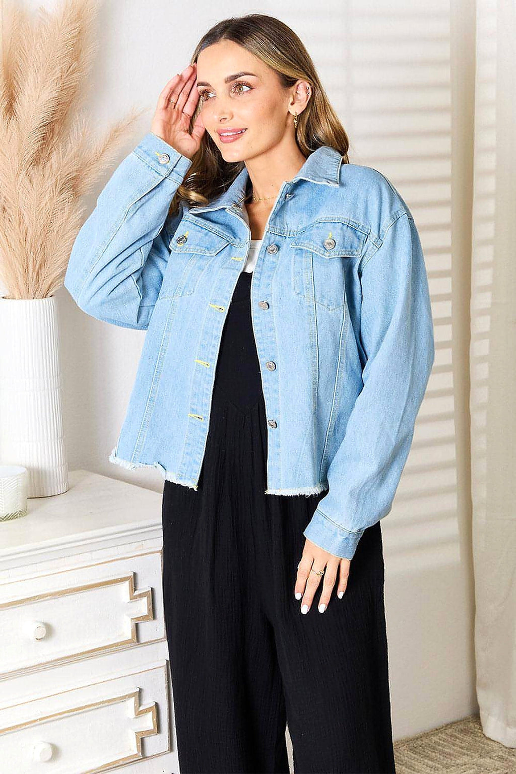 Double Take Dropped Shoulder Raw Hem Denim Jacket - enhanced image 8