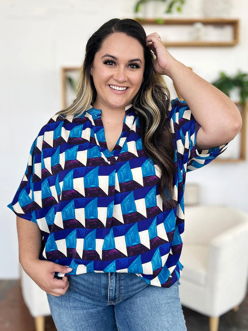 Double Take Full Size Geometric Notched Half Sleeve Blouse - enhanced image 8