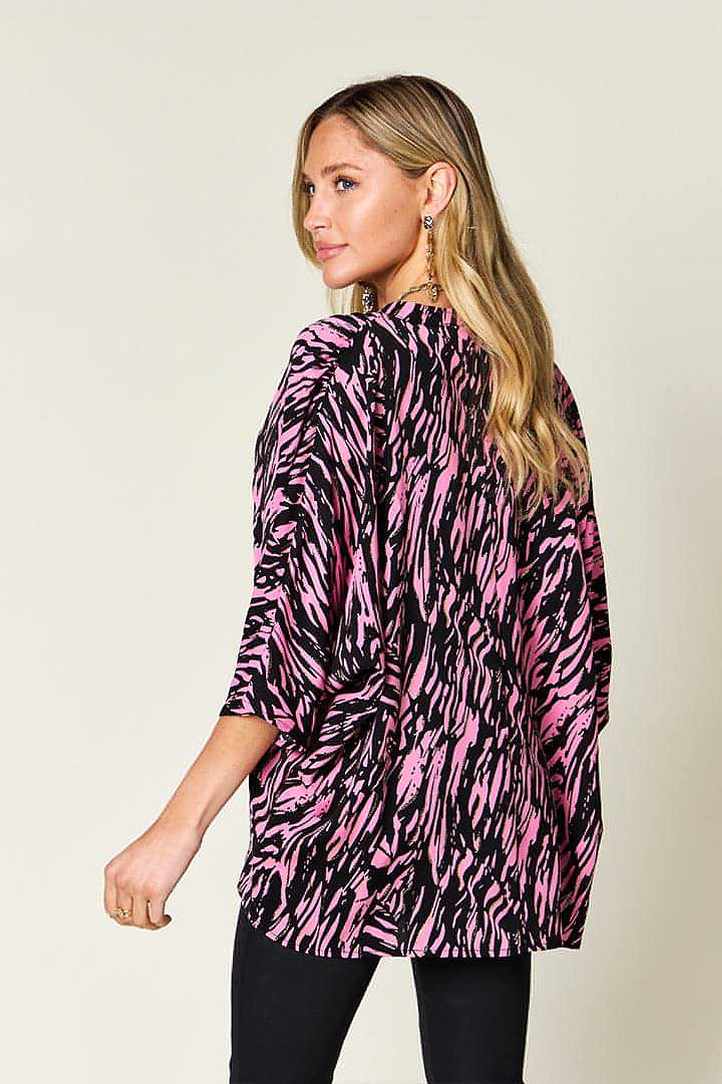 Double Take Full Size Printed Notched Three-Quarter Sleeve Blouse - enhanced image 8