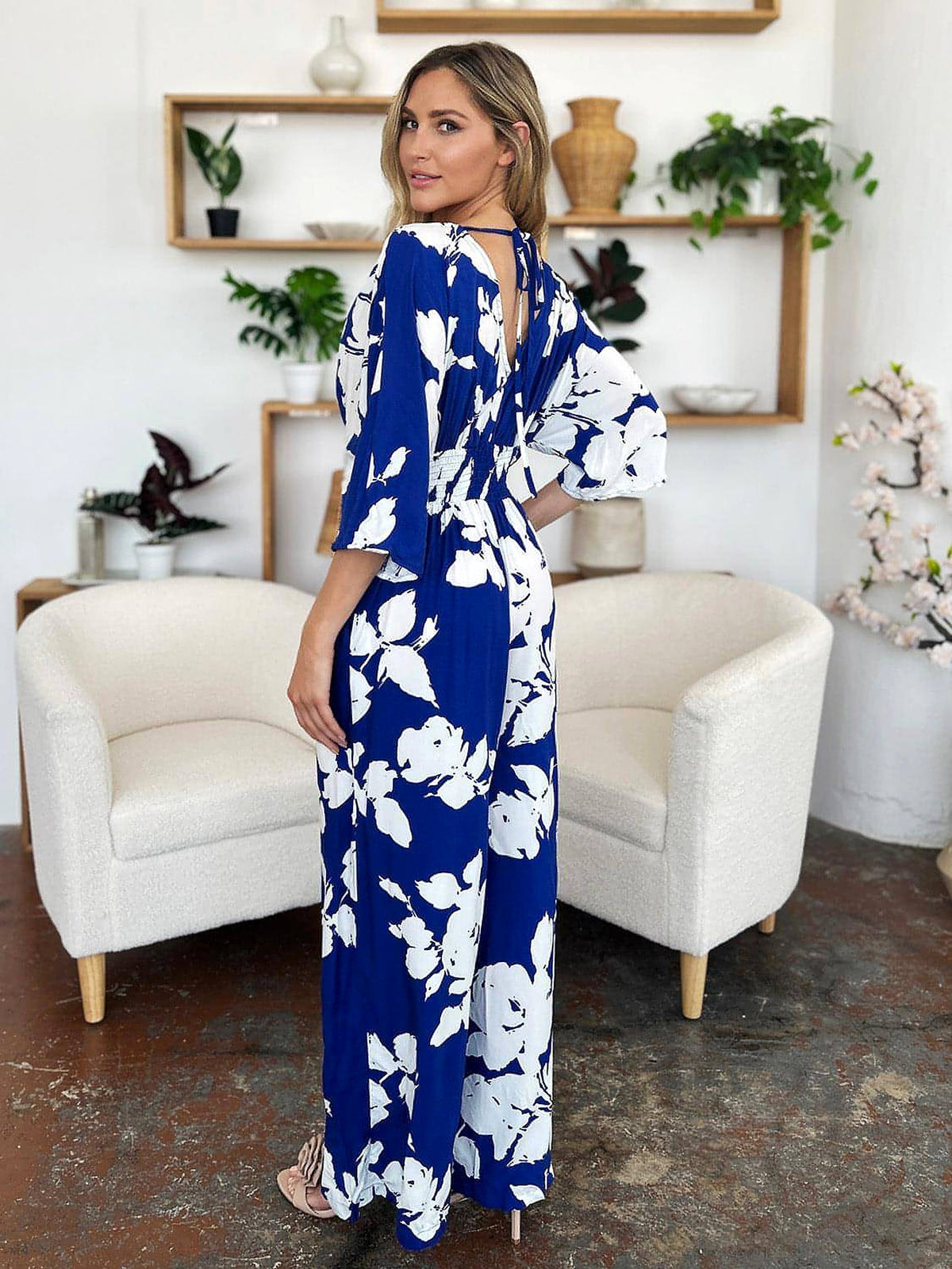 Double Take Full Size Printed Tie Back Wide Leg Jumpsuit - enhanced image 8