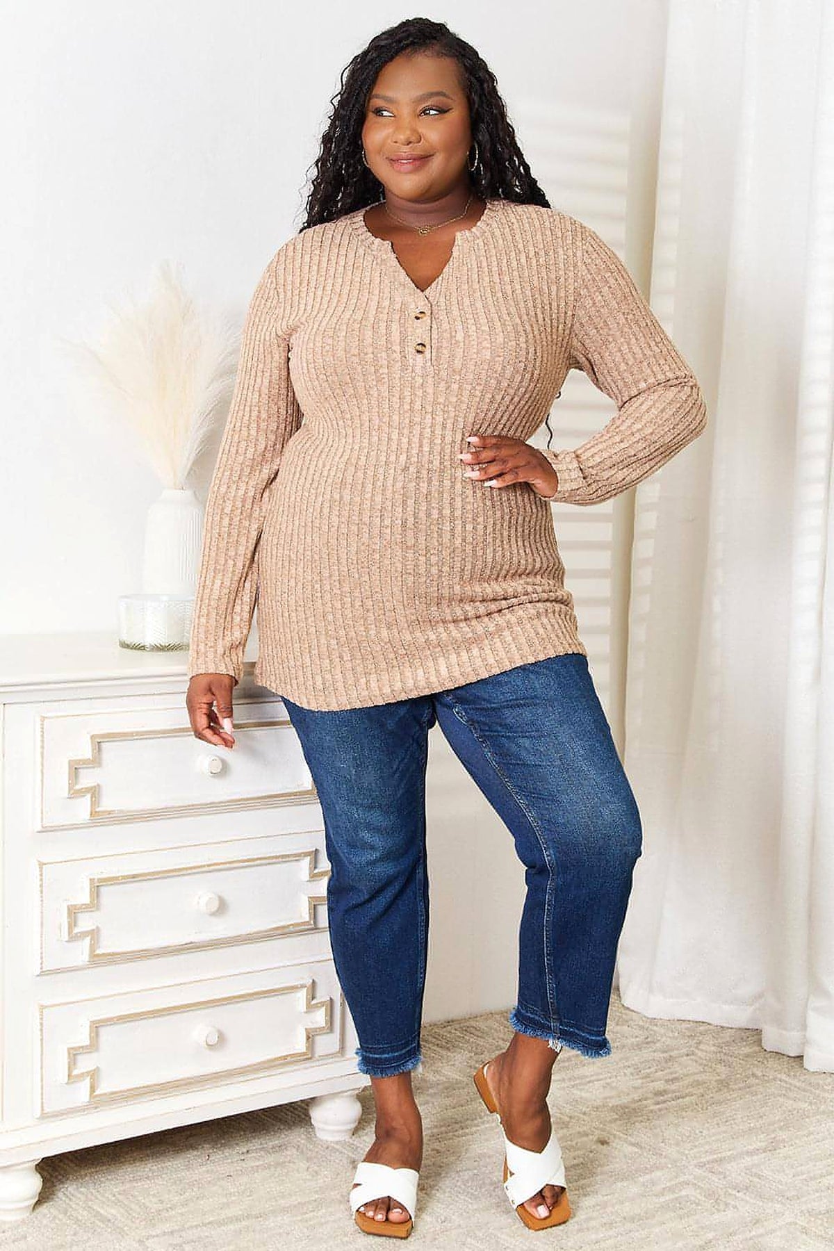 Double Take Notched Neck Ribbed Long Sleeve T-Shirt - enhanced image 8