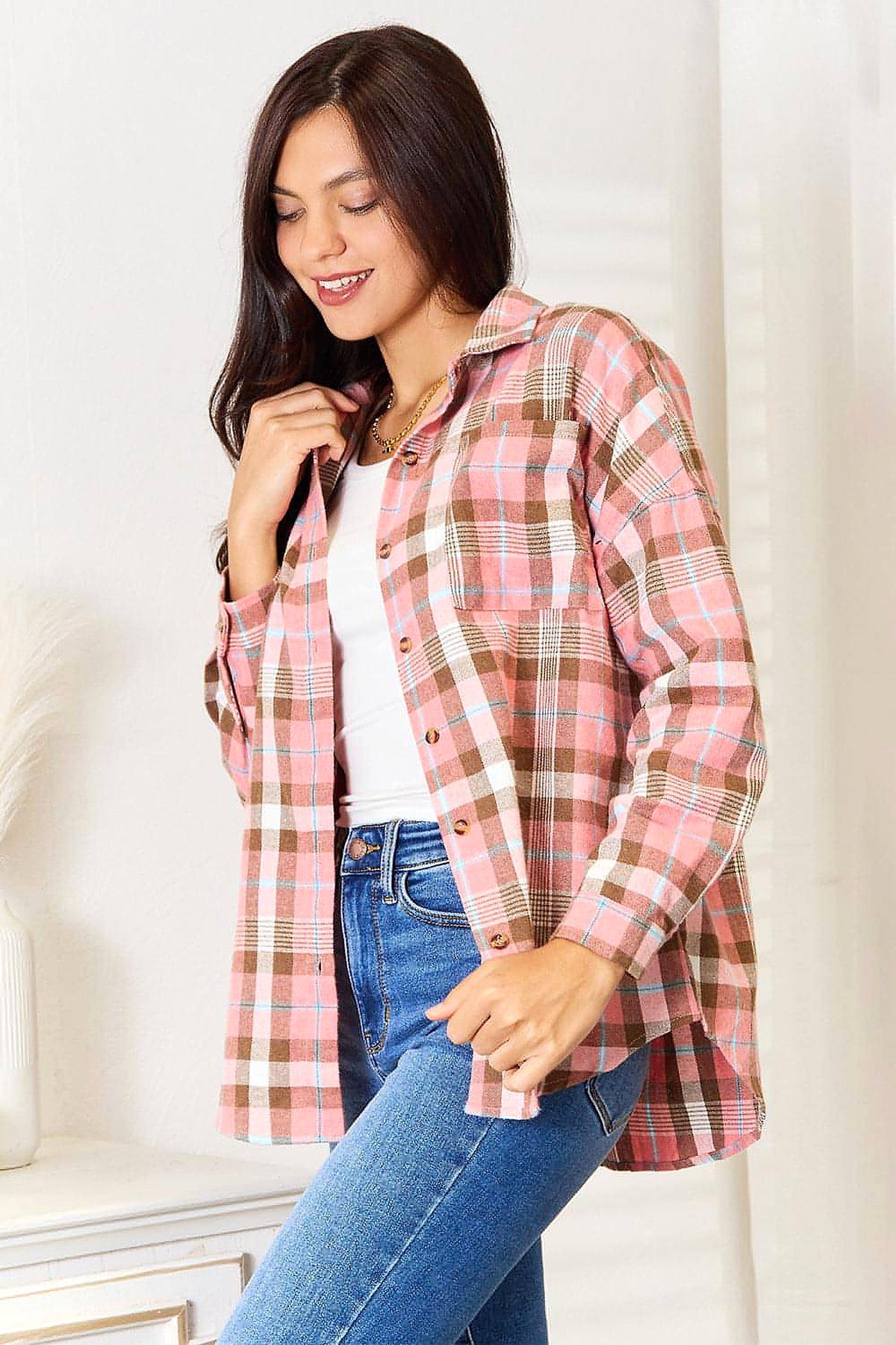 Double Take Plaid Collared Neck Long Sleeve Button-Up Shirt - enhanced image 8