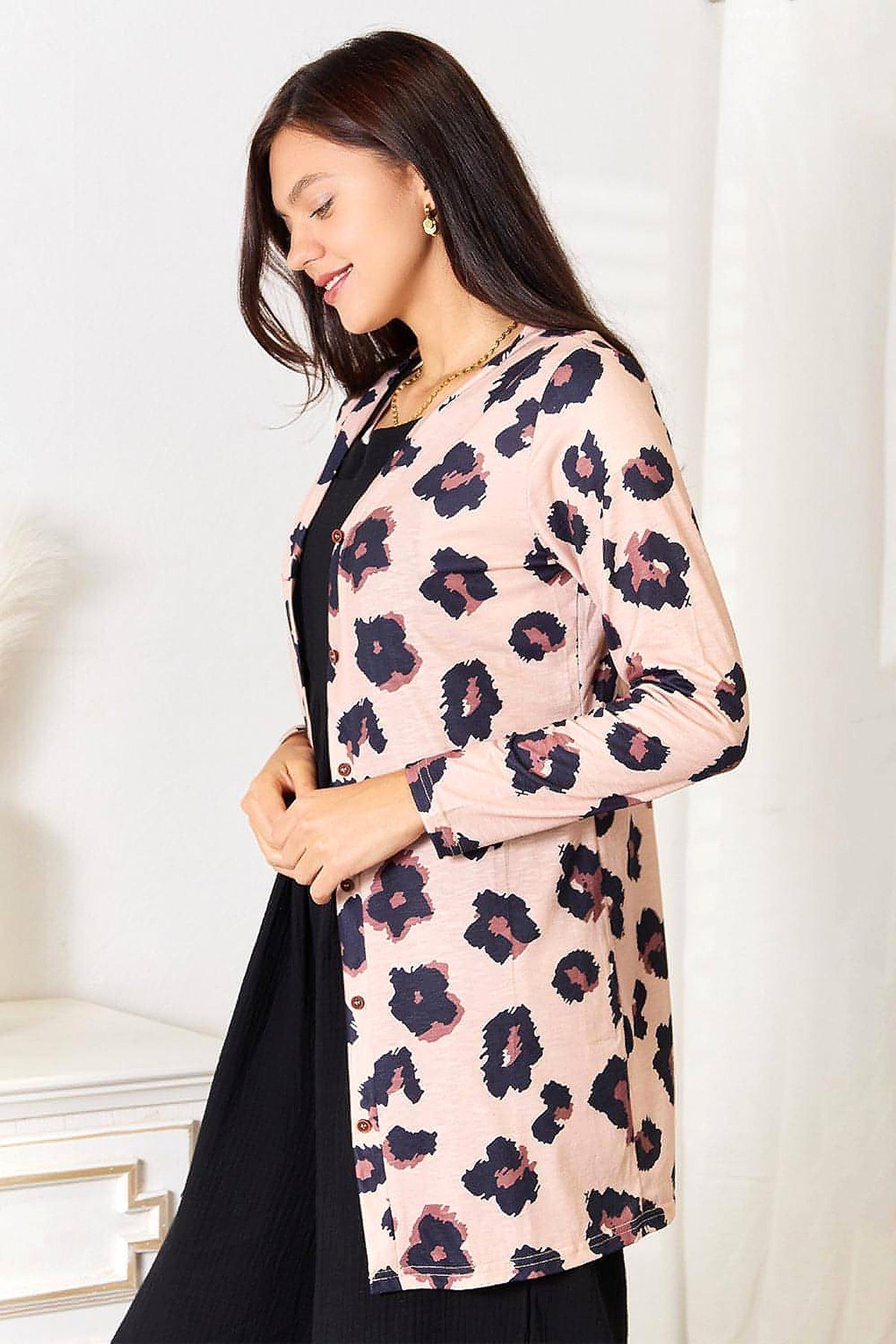 Double Take Printed Button Front Longline Cardigan - enhanced image 8