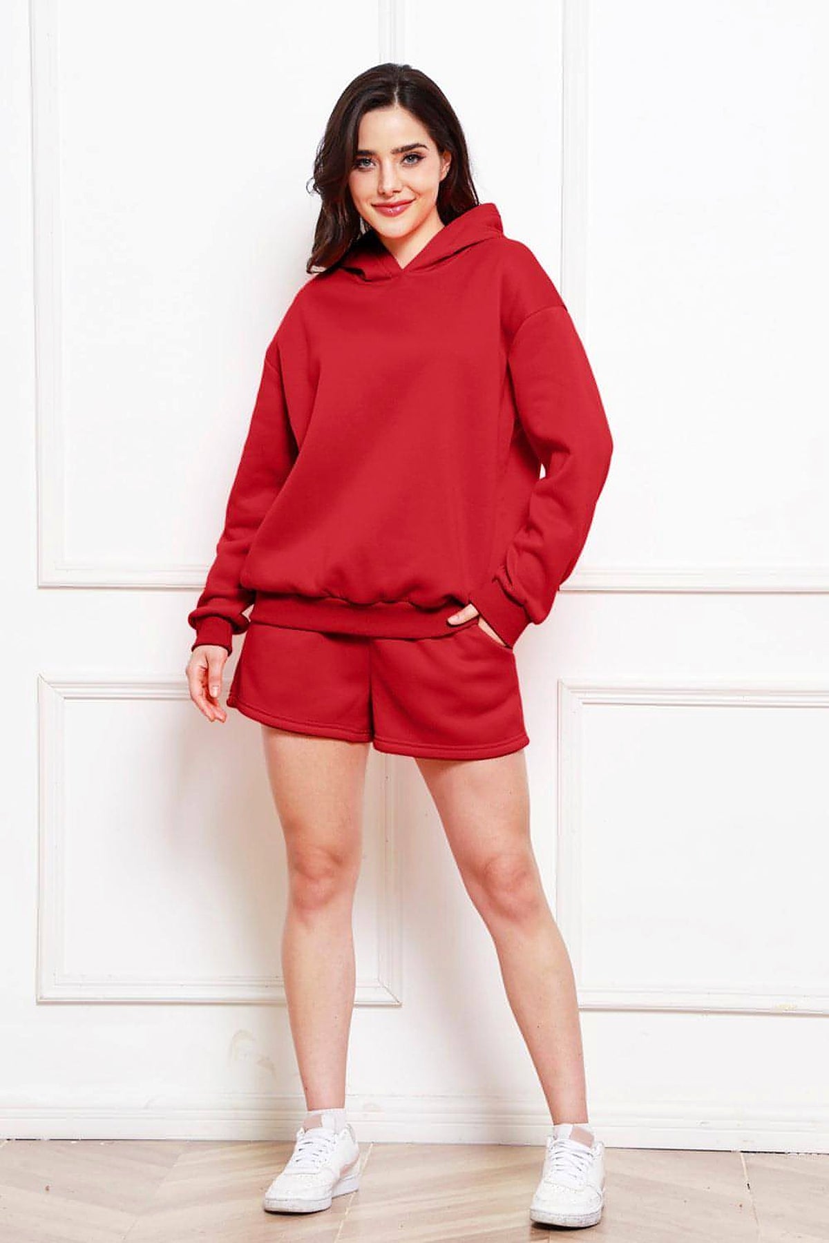 Drop Shoulder Long Sleeve Hoodie and Shorts Set - enhanced image 8